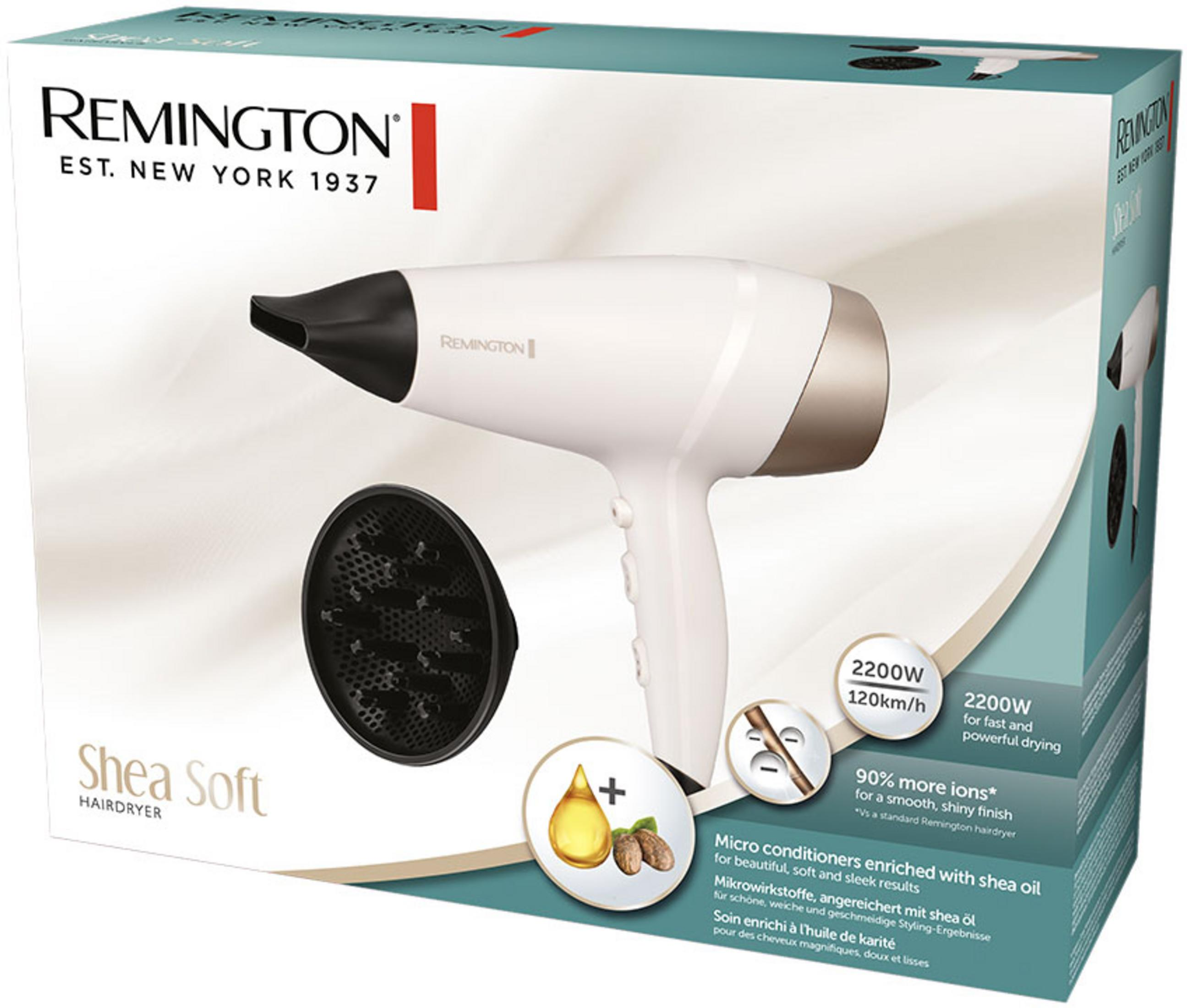 Remington saç kurutma makinesi, difüzörlü ve shea yağı infüzyonlu ambalajda.