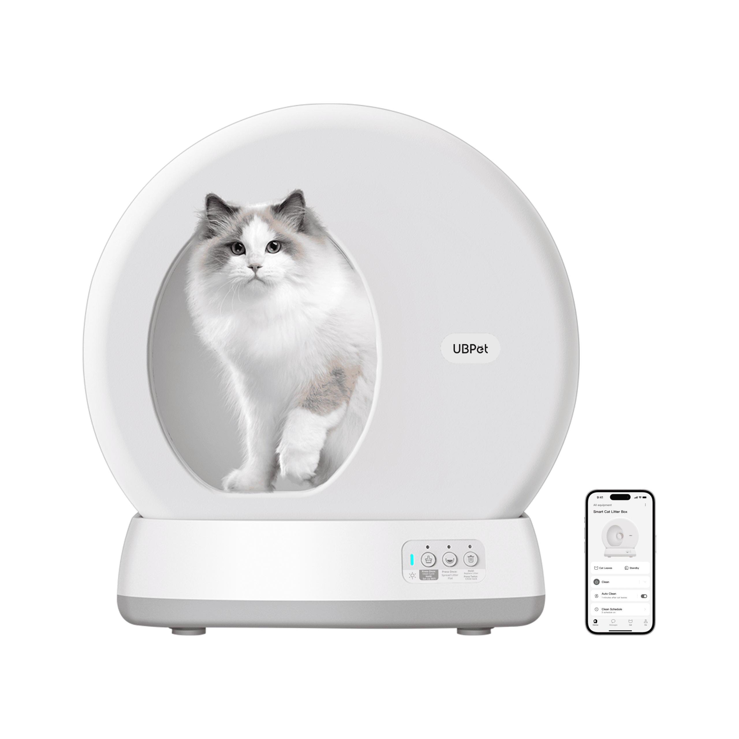 Un gatto seduto in una lettiera bianca e rotonda con uno smartphone accanto.