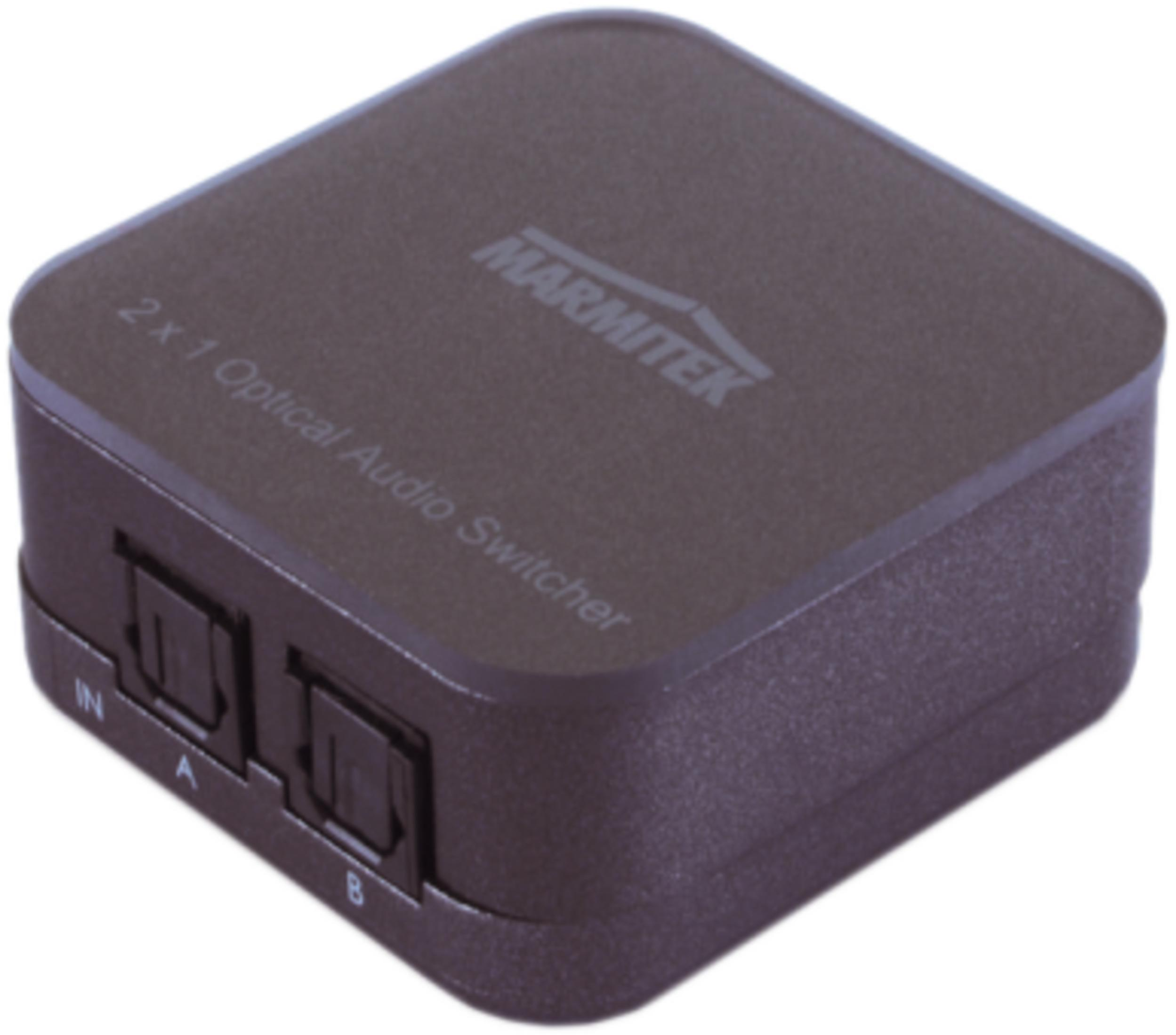 Un sélecteur audio optique 2x1 Marmitek gris foncé avec deux entrées.