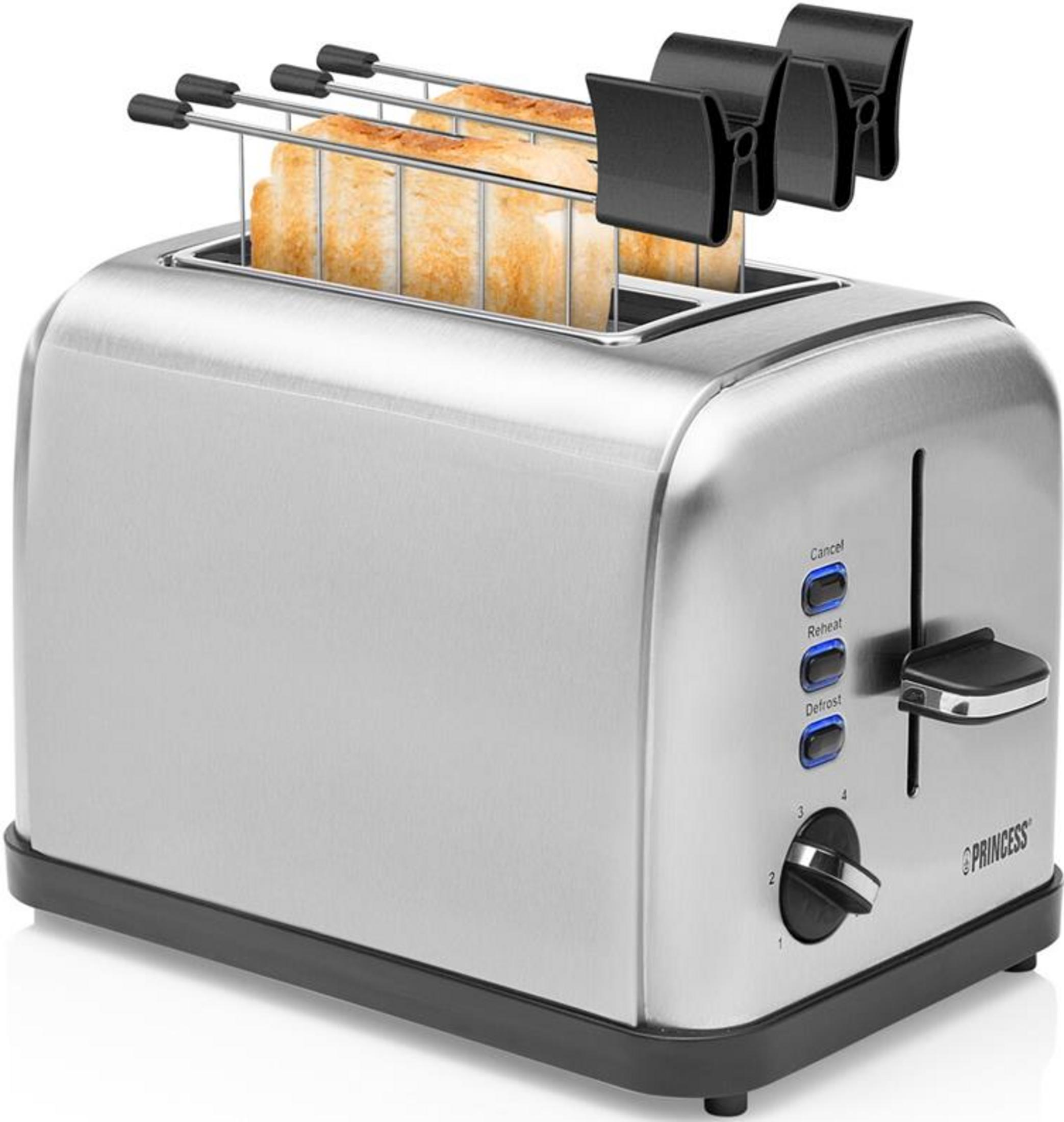 Ein silberner Toaster mit zwei Scheiben Toastbrot, die oben herausragen.