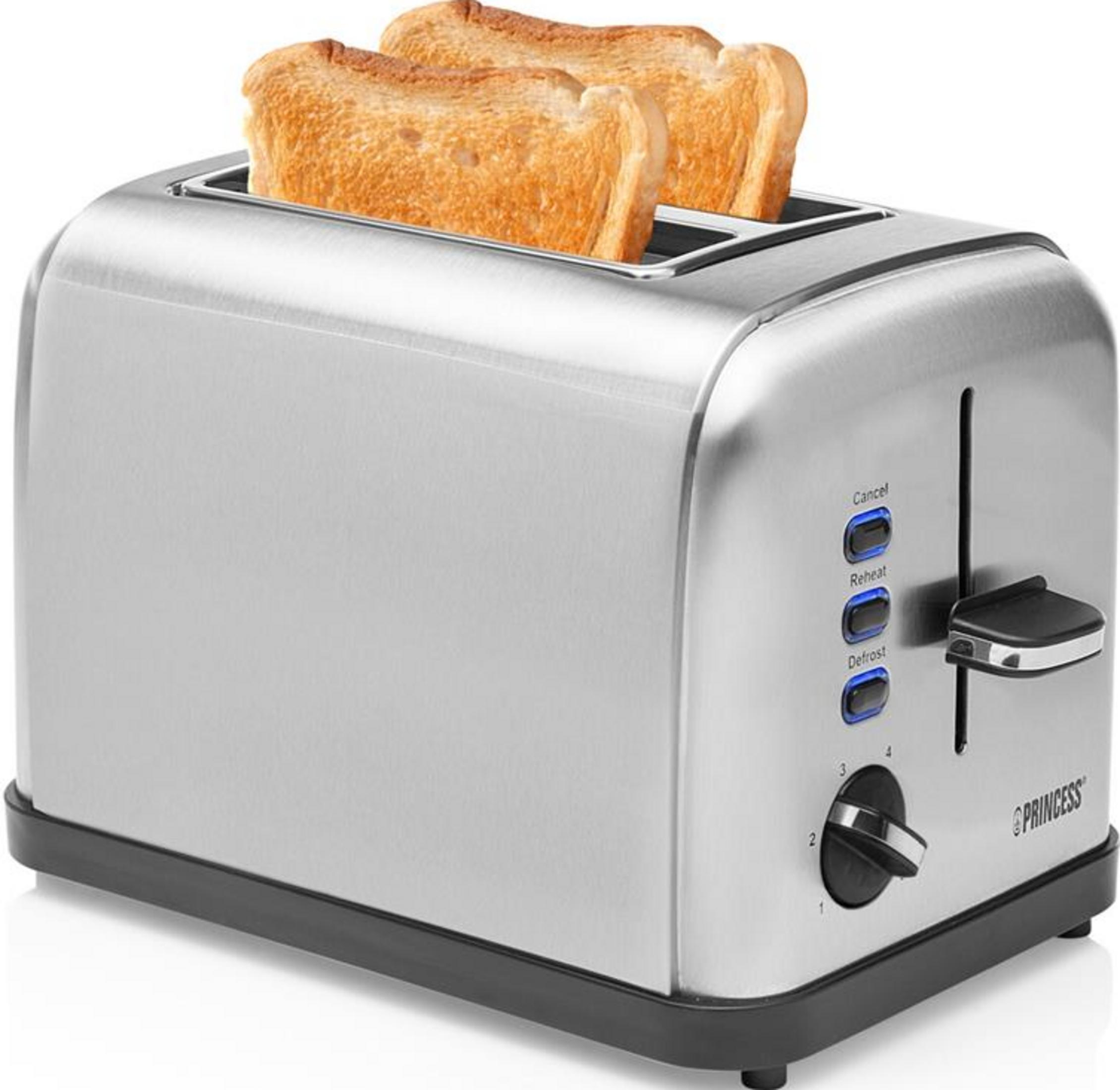 Ein silberner Toaster mit zwei Brotscheiben, die herausragen.