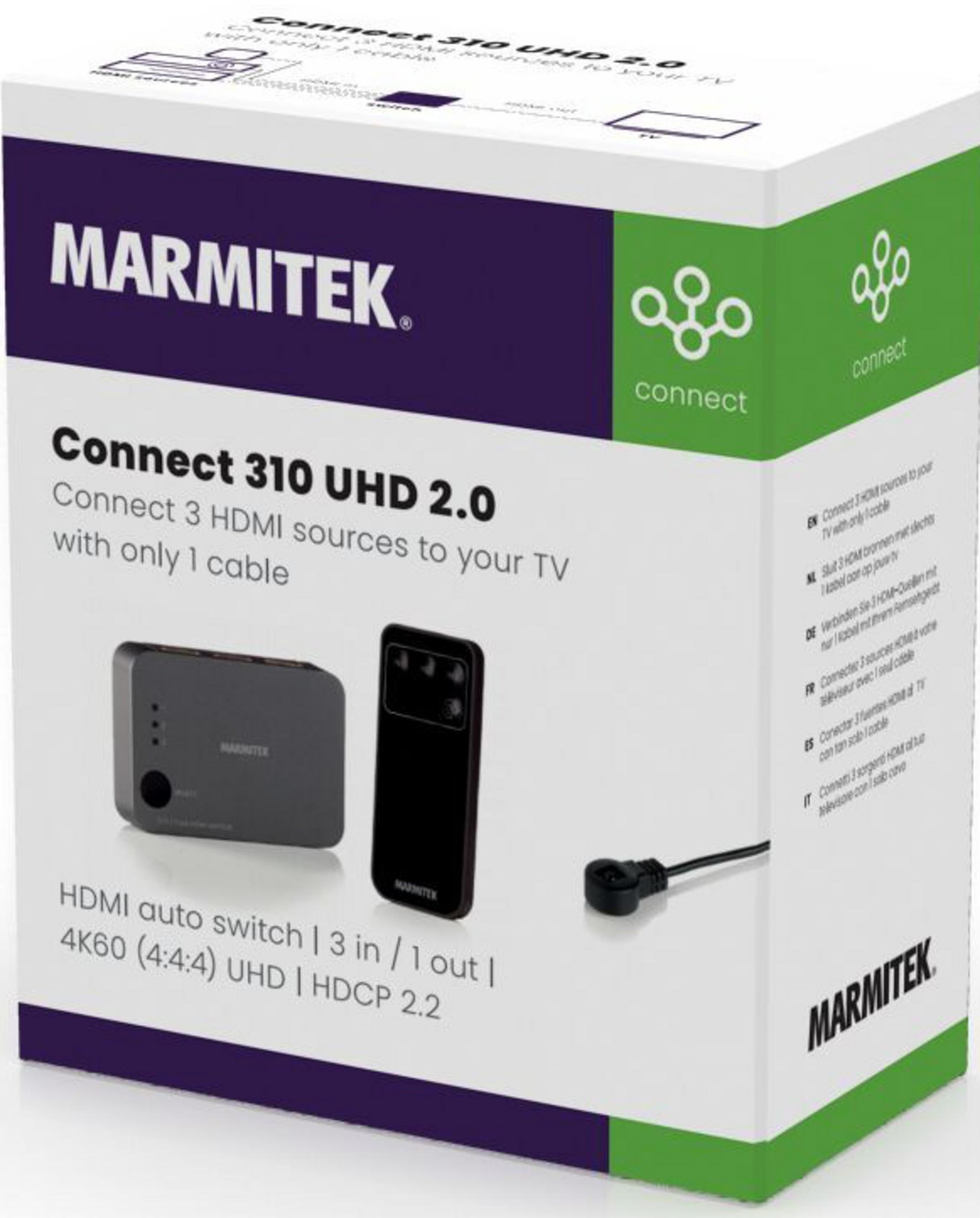 Marmitek Connect 310 UHD 2.0 HDMI Switch mit 3 Eingängen, 1 Ausgang.