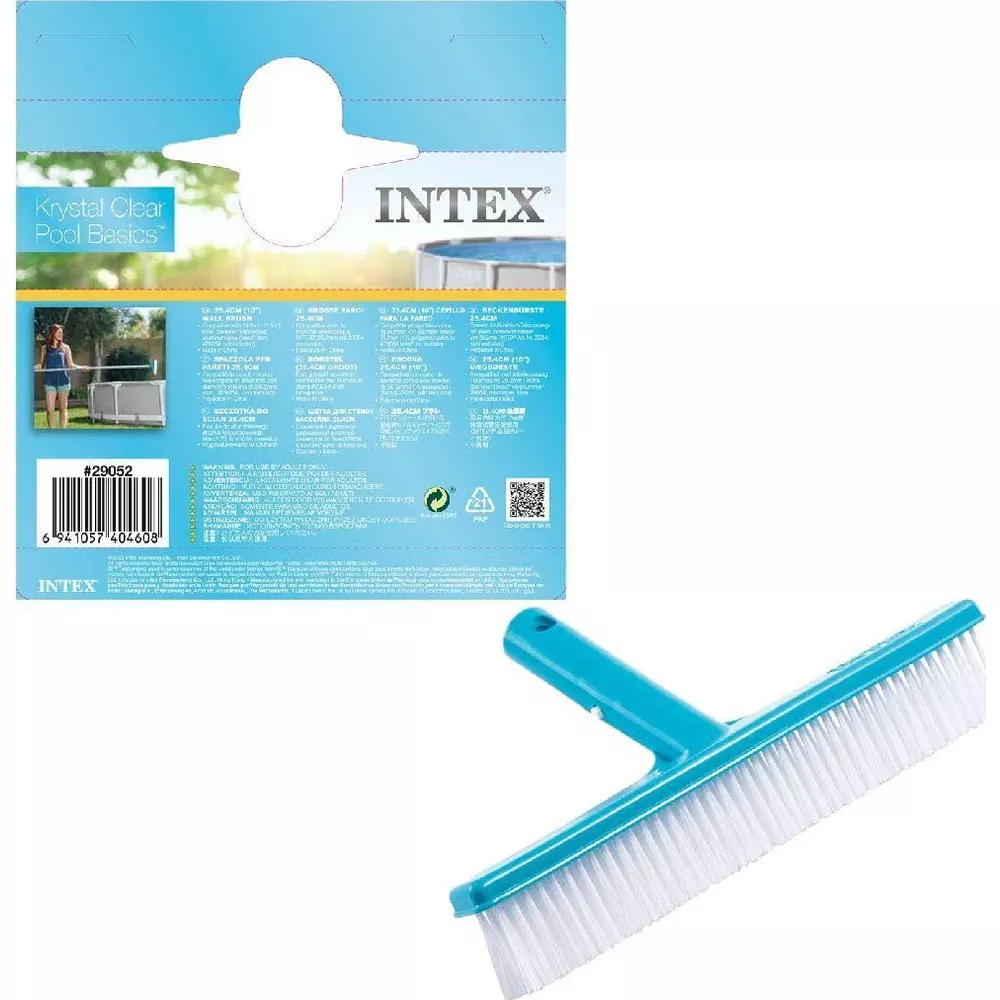 Confezione di una spazzola per pulizia piscina con manico blu e setole bianche.