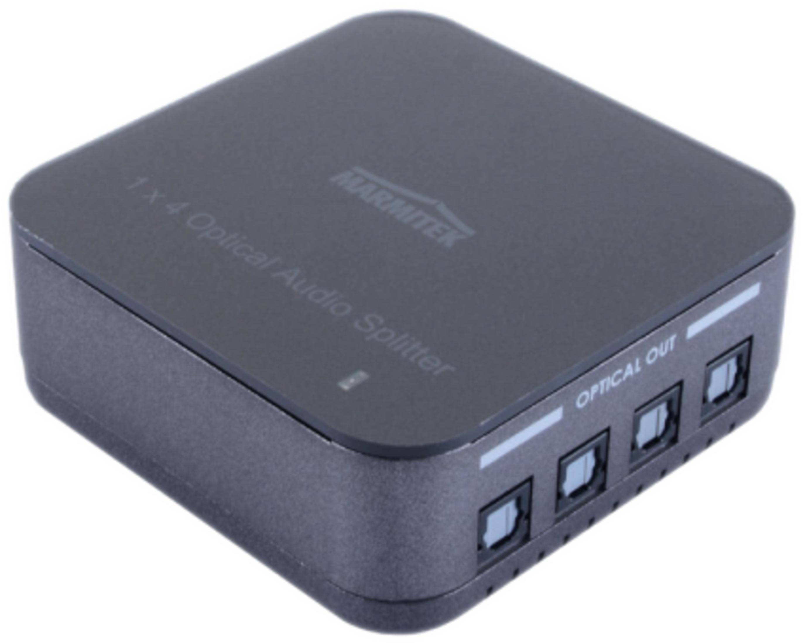 Répartiteur audio optique Marmitek 1x4 noir avec quatre sorties optiques.