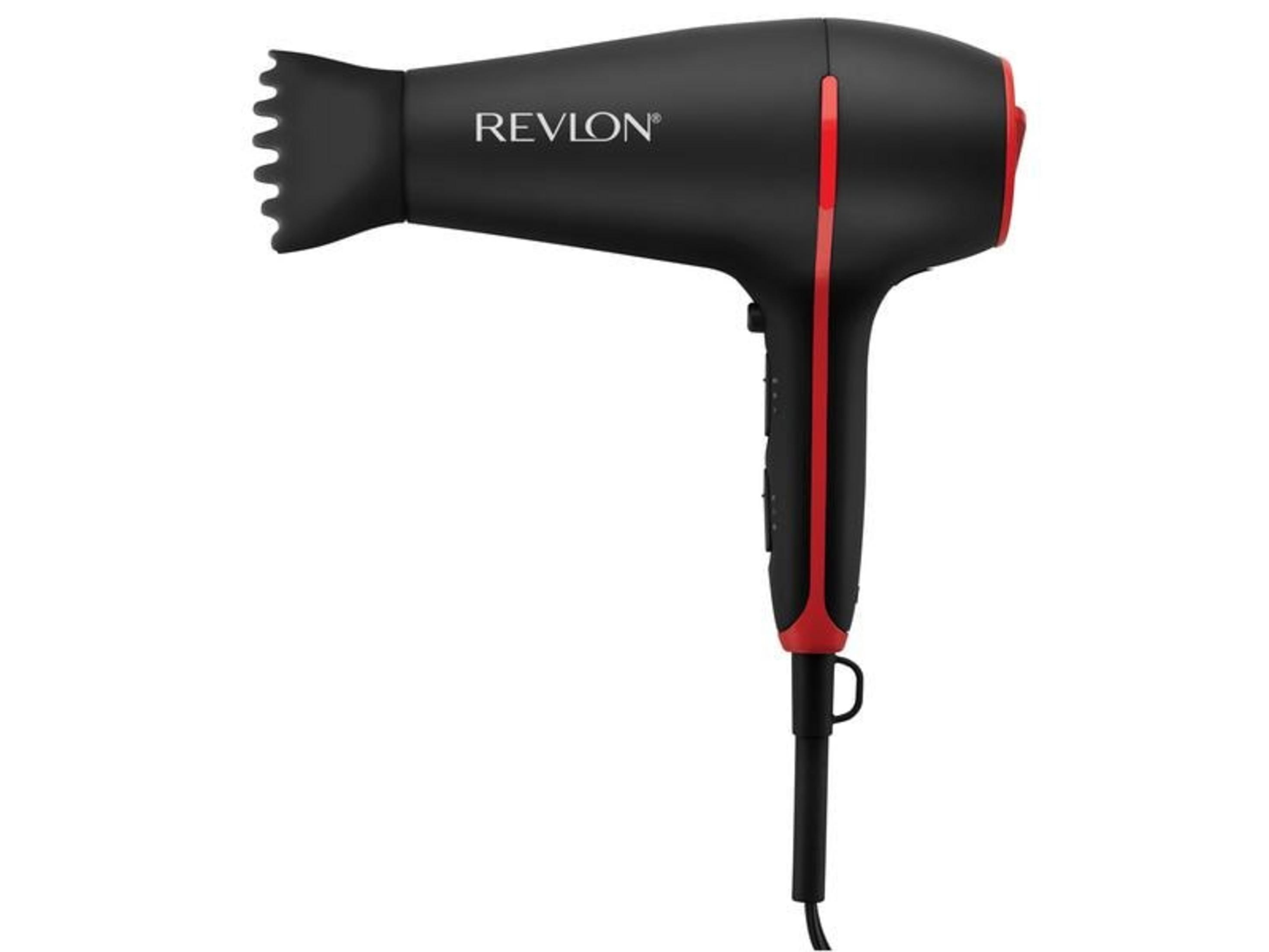 Czarna suszarka Revlon z czerwonymi akcentami, białe tło.