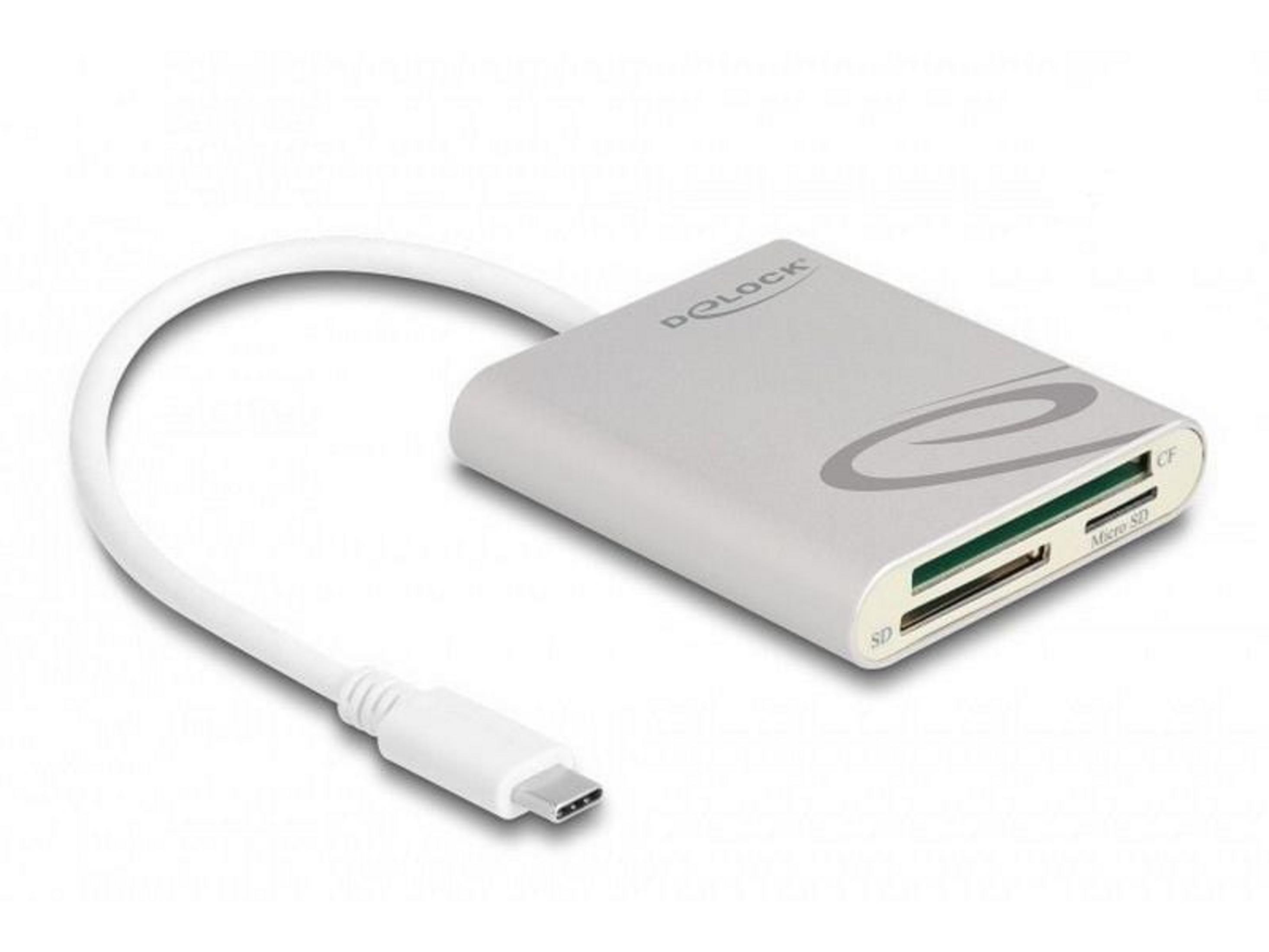 Srebrny czytnik kart z kablem USB-C i gniazdami na karty SD, Micro SD i CF.