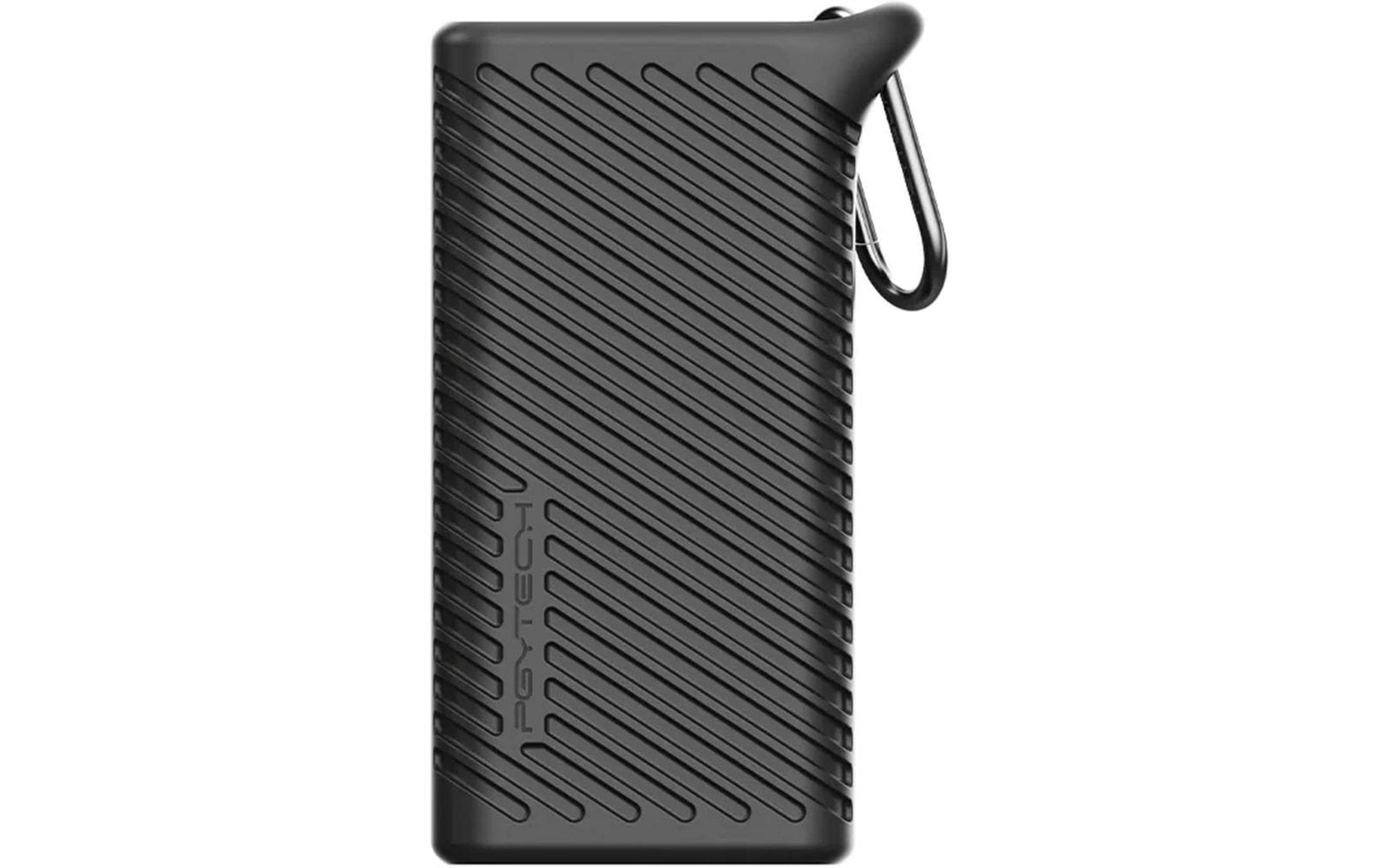 Czarny obiekt z prążkowaną fakturą i klipsem karabińczyka.