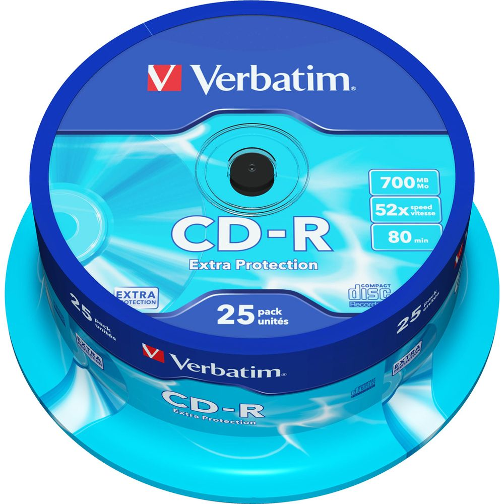 Opakowanie płyt CD-R Verbatim, 25 sztuk, 700 MB, 52x prędkości.