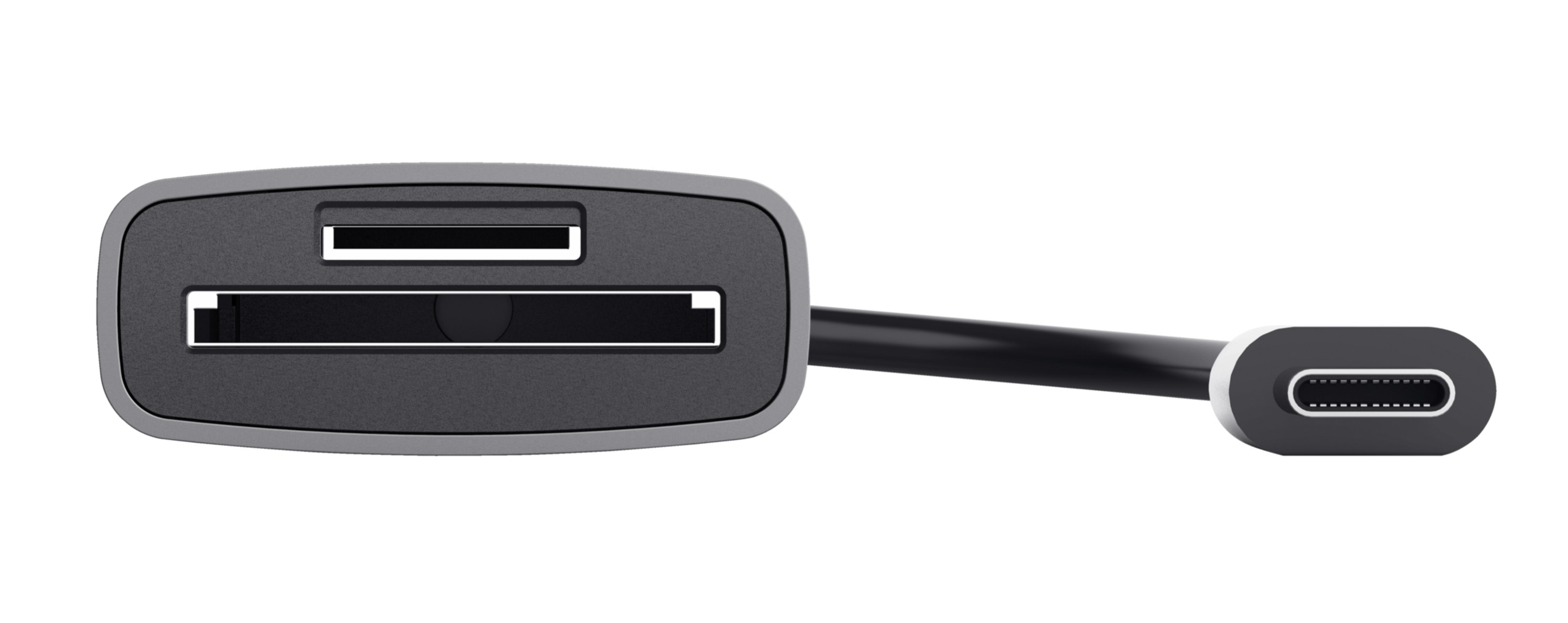 Hub USB-C gris con ranuras para tarjetas SD y Micro SD y un conector USB-C.
