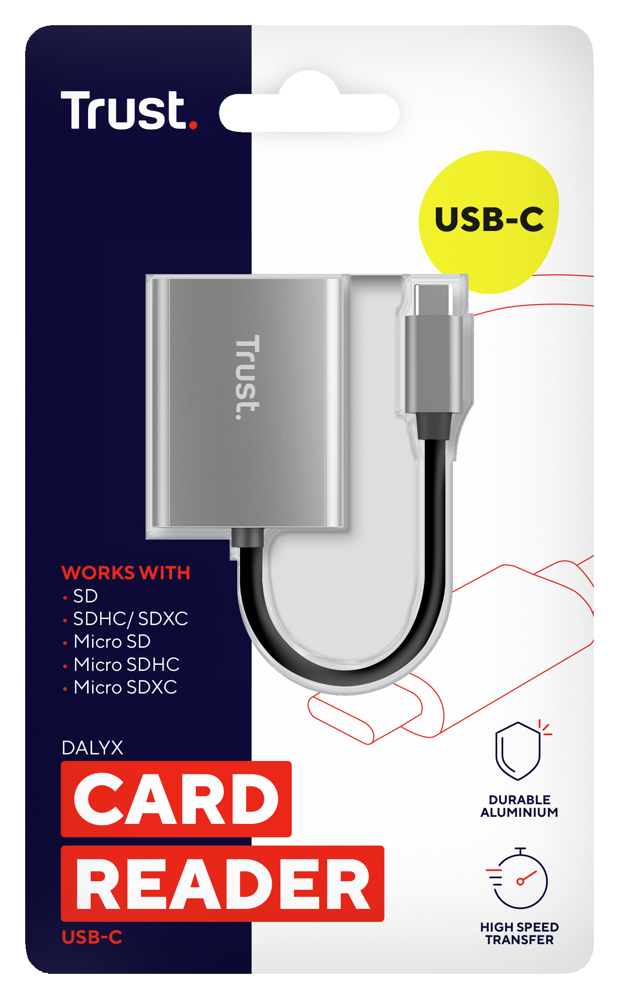 Lector de tarjetas USB-C plateado con cable, etiquetado 'Trust' y 'Card Reader'.