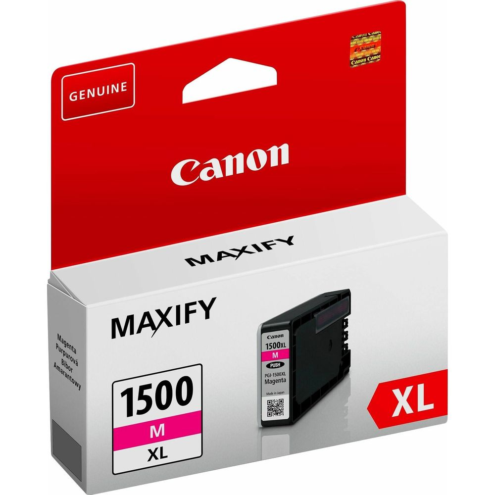 Kartyż magenta Canon MAXIFY, model 1500XL, z etykietą "GENUINE".