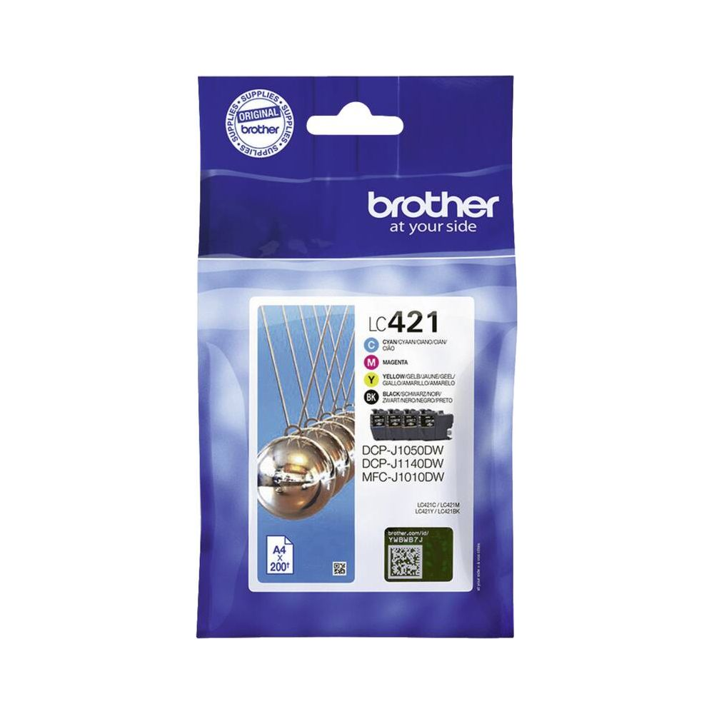 Brother LC421 ink cartridge packaging showing cyan, magenta, yellow, and black colors.