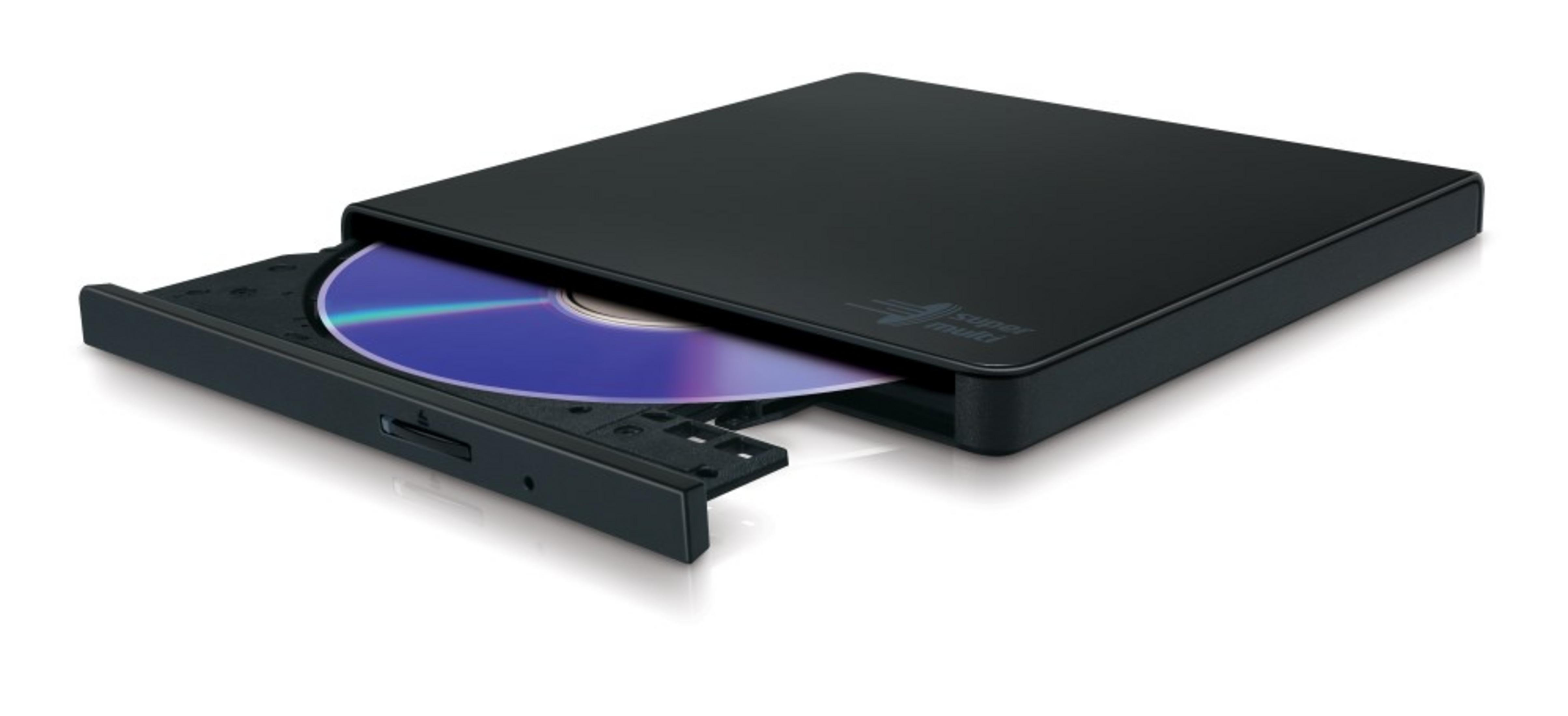 Grabadora externa de DVD negra con un disco azul insertado.