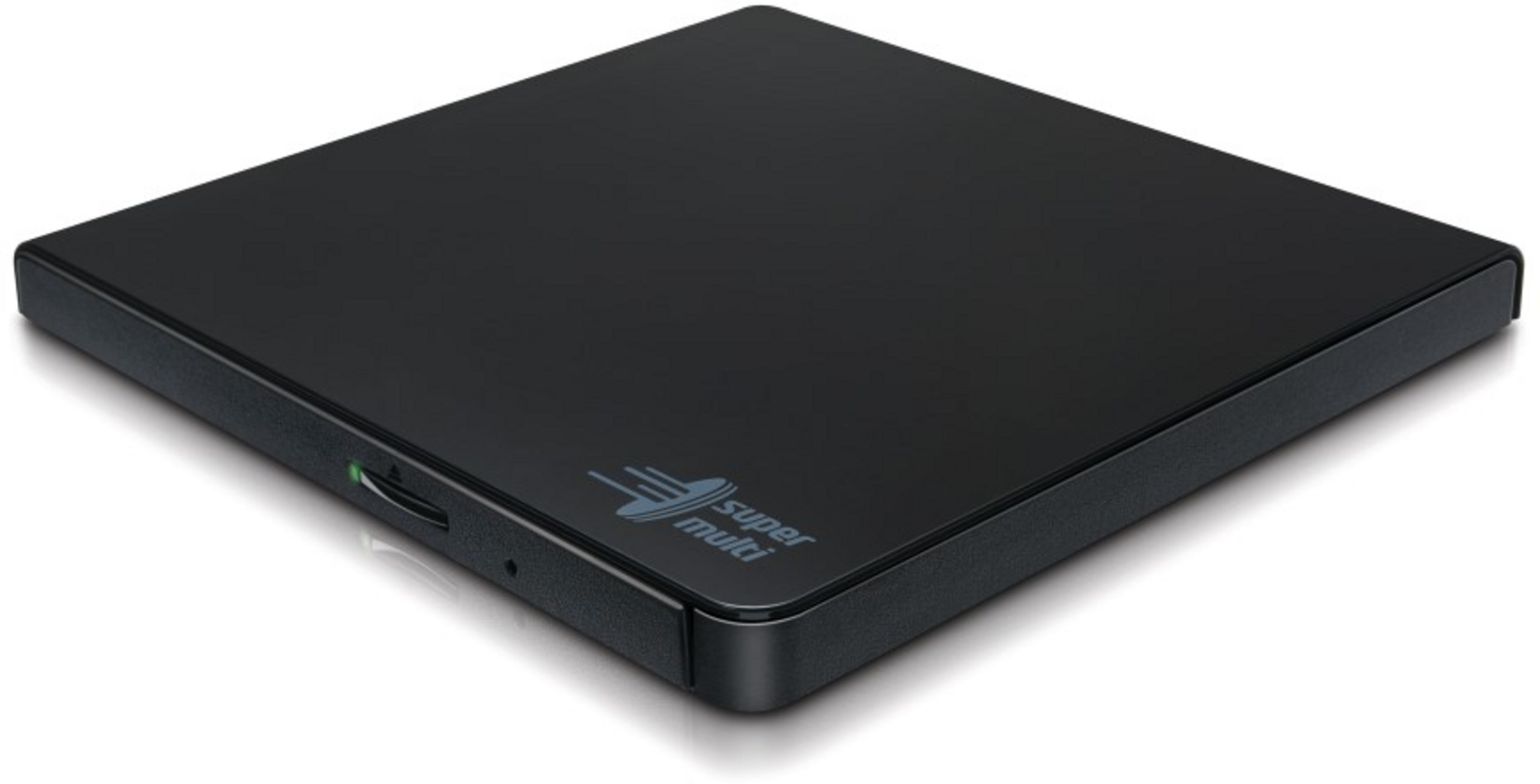 Unidad externa negra con logo 'Super Multi' y luz indicadora verde.