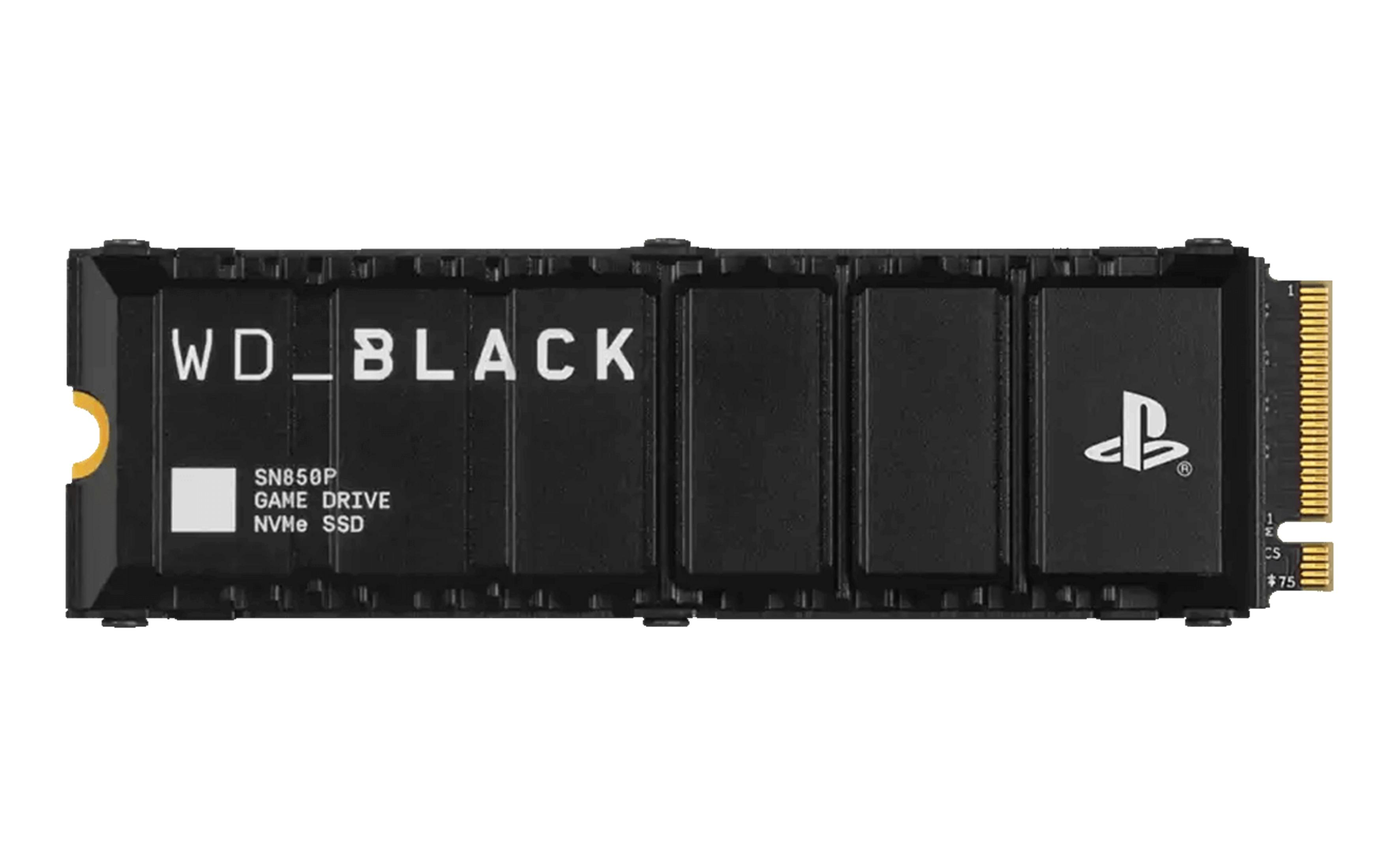 Czarny dysk SSD WD Black z logo PlayStation i złotymi stykami.