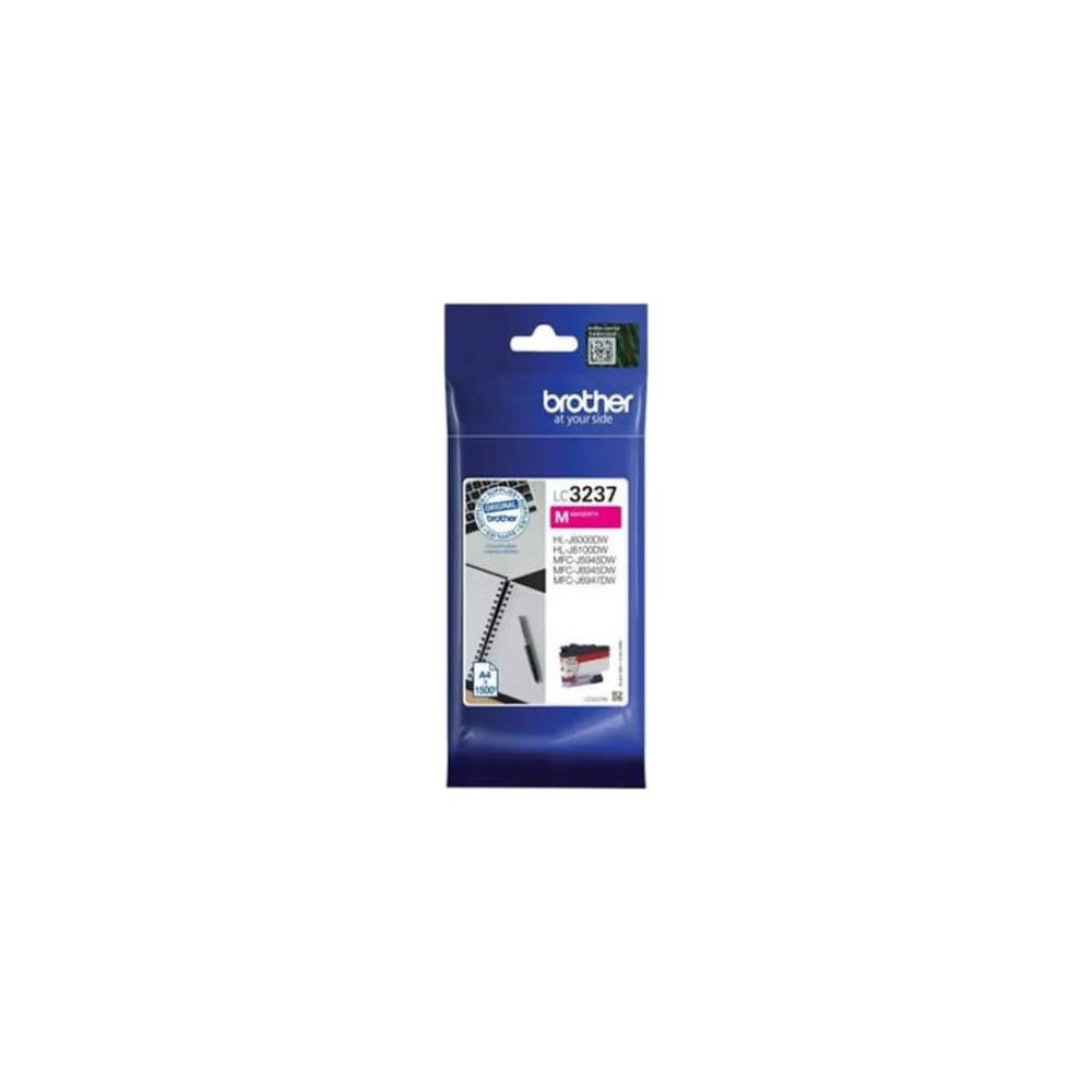 Brother LC3237 magenta ink cartridge packaging with printer model compatibility.