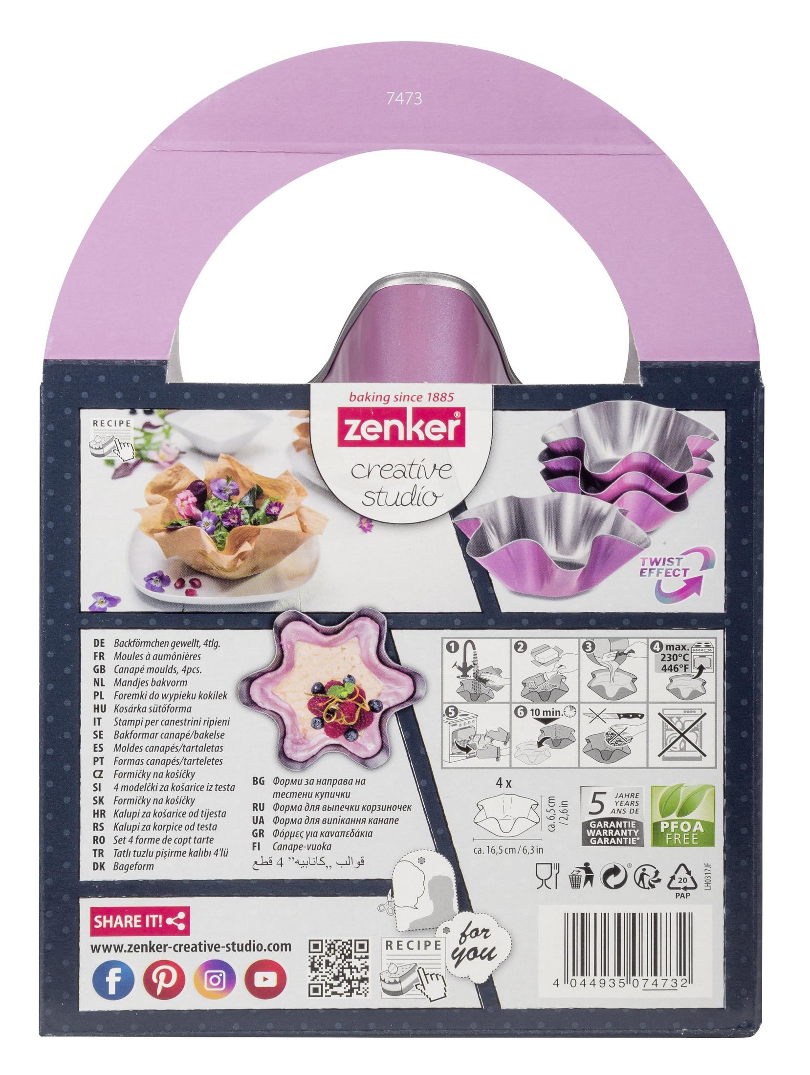 Verpackung für 4 Zenker Backförmchen mit Wellenrand und Rezeptanleitung.