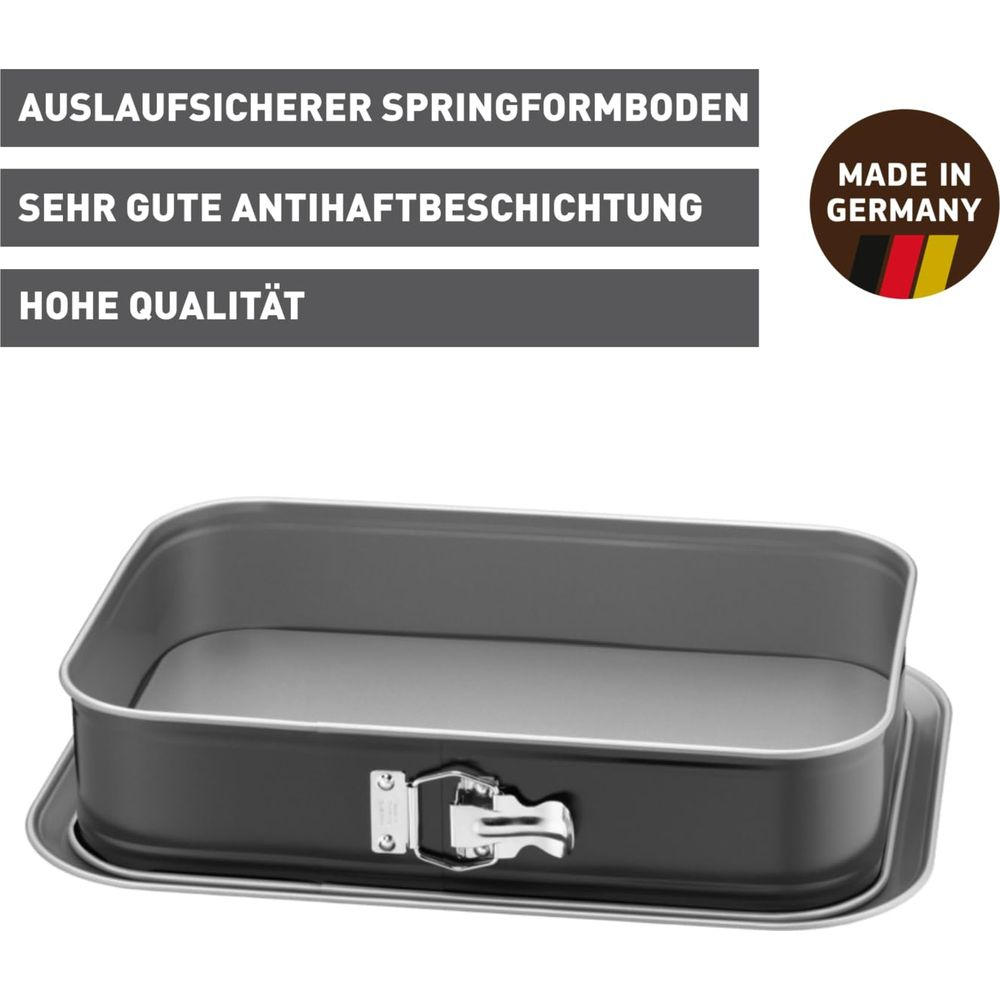 Grauer rechteckiger Springformboden mit Auslaufsicherung, Made in Germany.