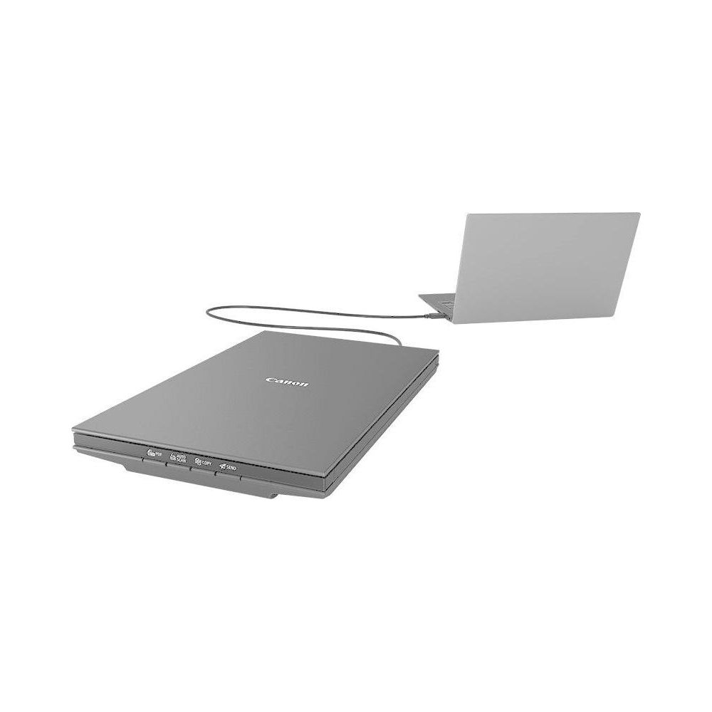 Ein grauer Scanner und ein Laptop sind auf weißem Hintergrund verbunden.