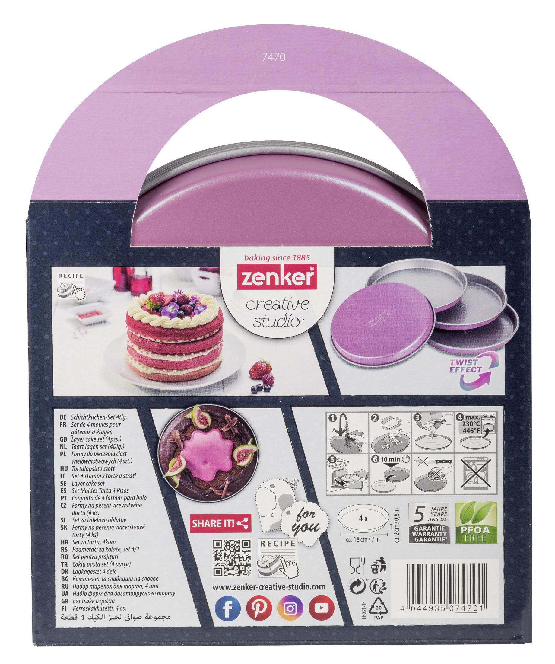 Zenker Kuchenformen-Set mit Rezeptbuch, 4 lila Formen, ein Kuchen und Backzubehör.