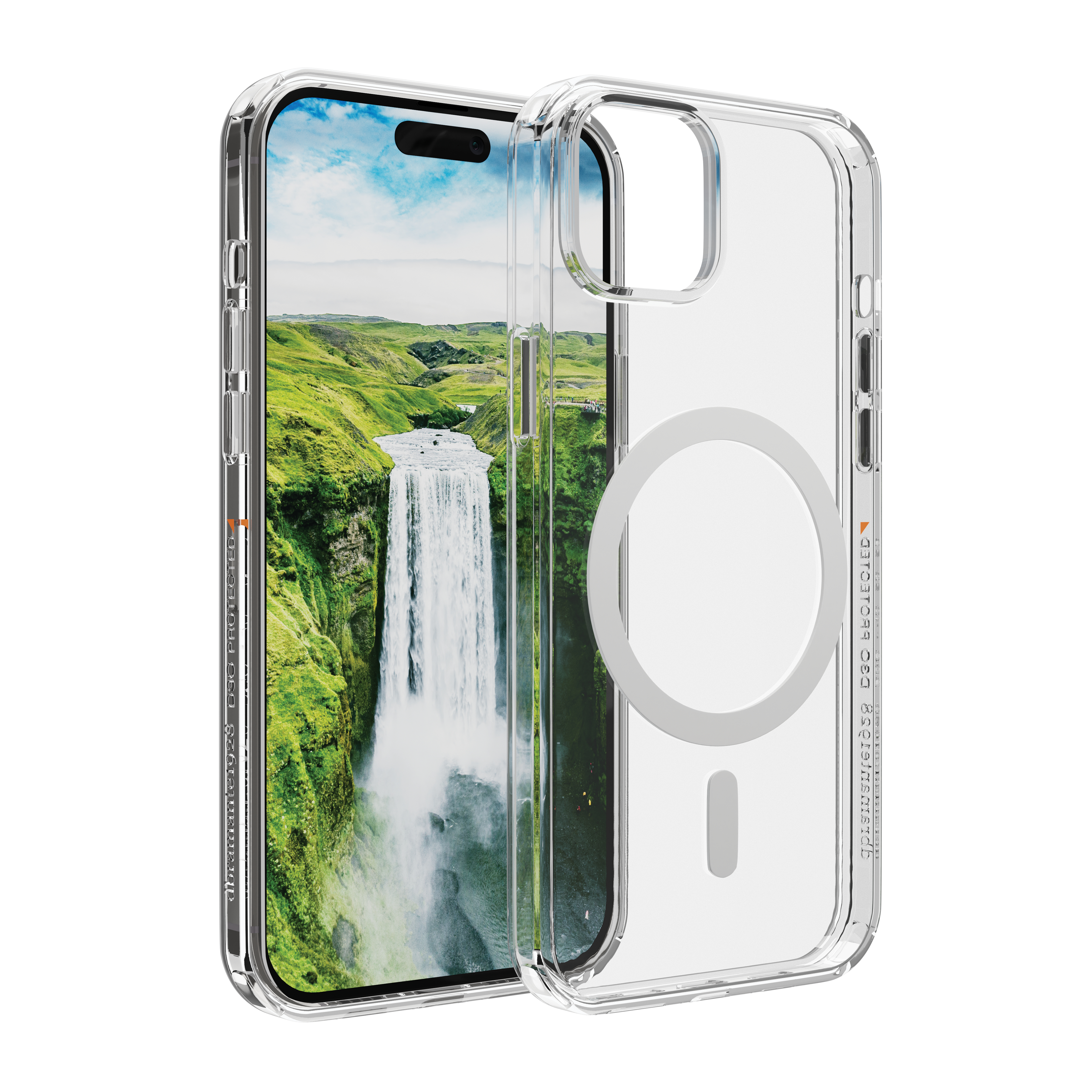 Transparente Hülle für ein Smartphone mit Wasserfallbildschirm.