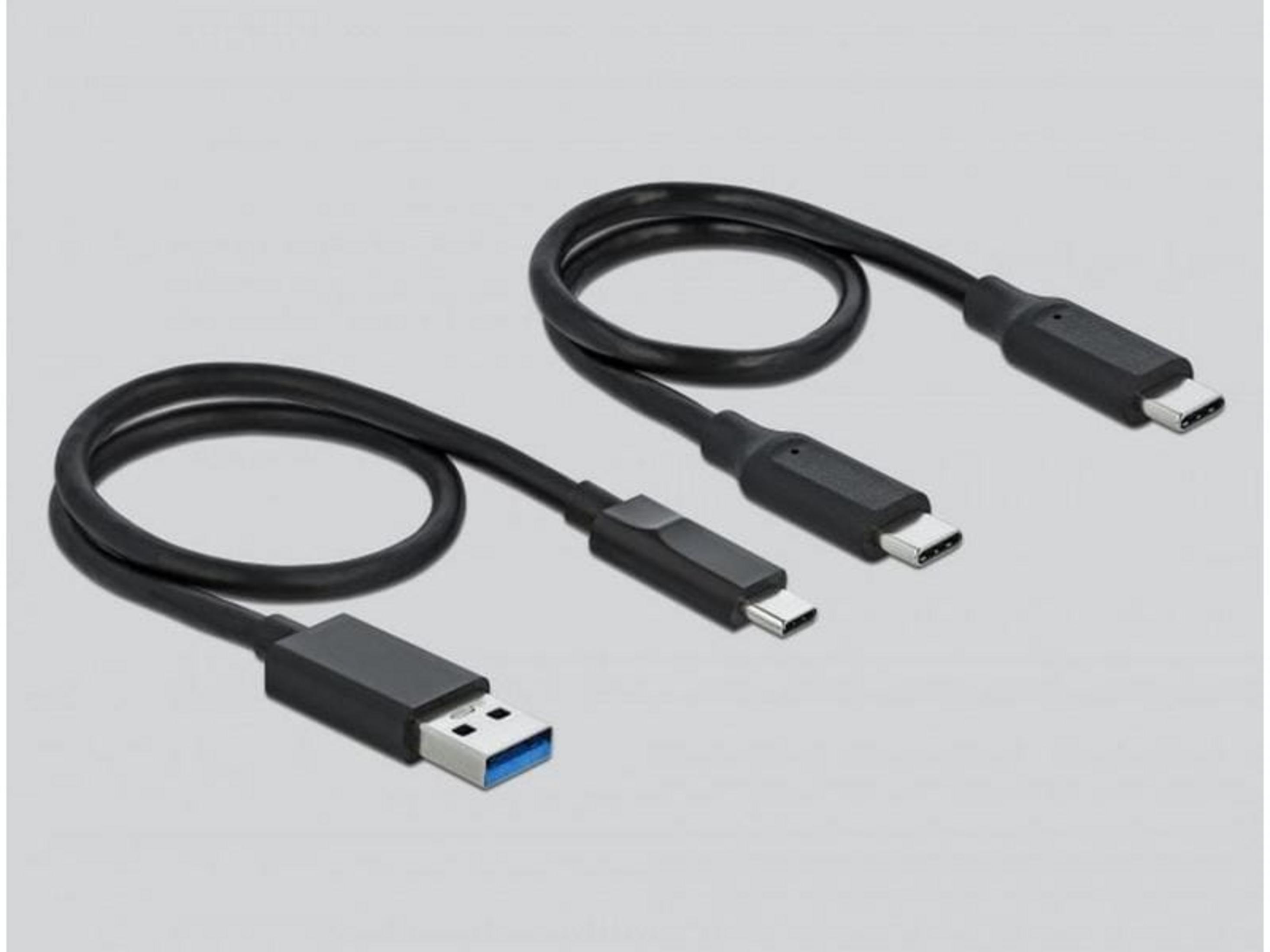 Dos cables USB negros sobre un fondo gris.