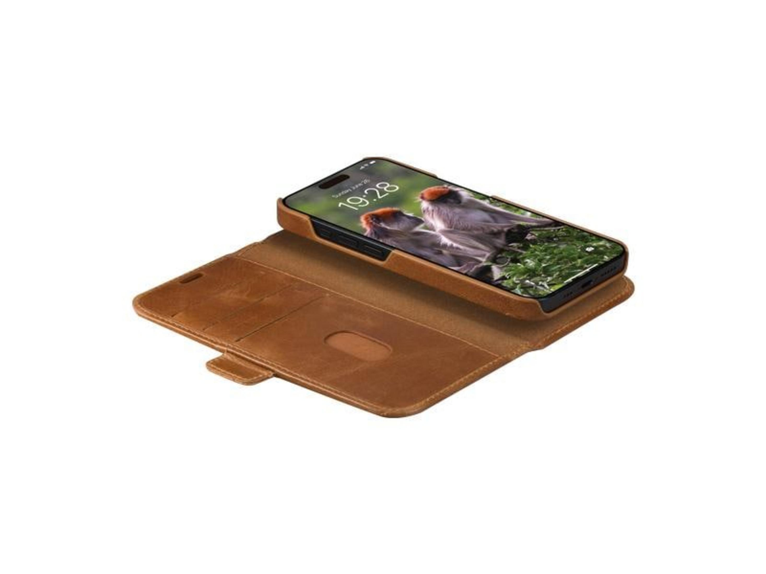 Ein braunes Leder-Flipcase für ein Smartphone, geöffnet, mit zwei Vögeln auf dem Display.
