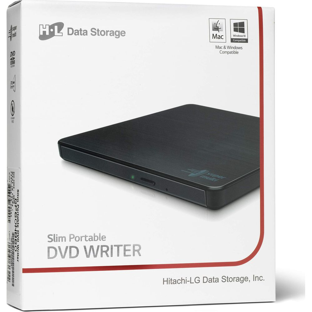 Embalaje de un grabador de DVD portátil y delgado de Hitachi-LG Data Storage.