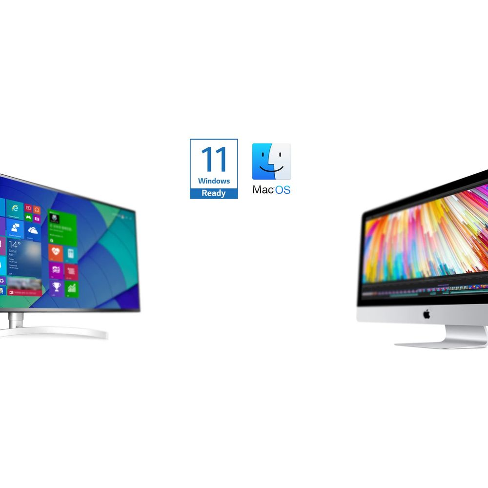 Un PC listo para Windows 11 y un iMac con fondo colorido.