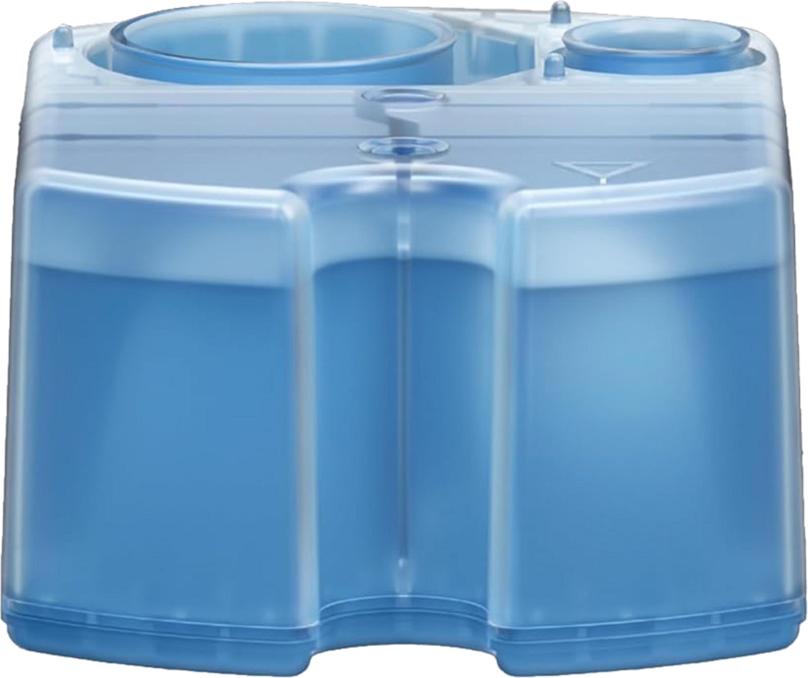 Półprzezroczysty niebieski pojemnik z trzema przegrodami wypełniony niebieskim płynem.