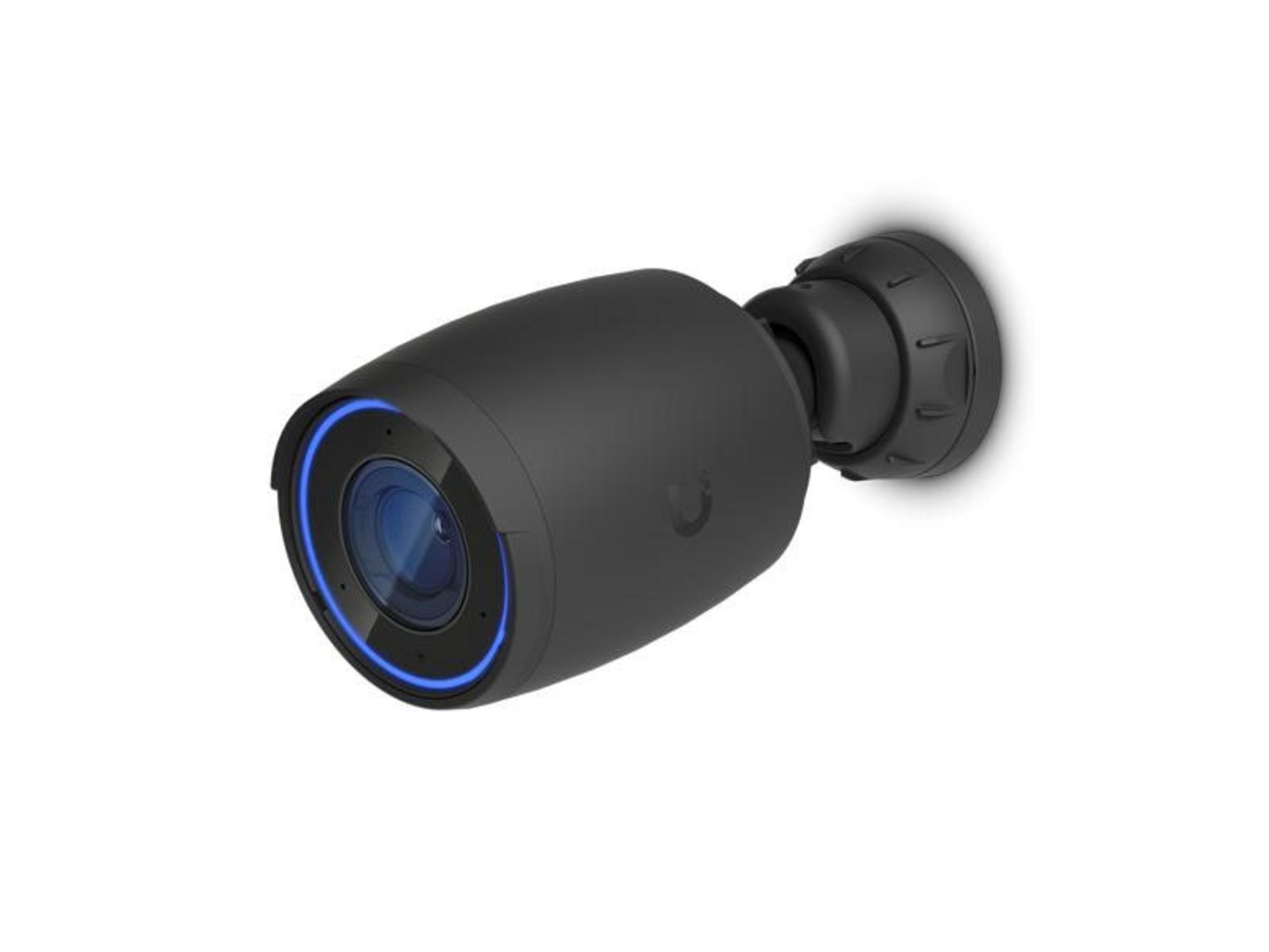 Czarna kamera bezpieczeństwa z niebieskim pierścieniem na białym tle.