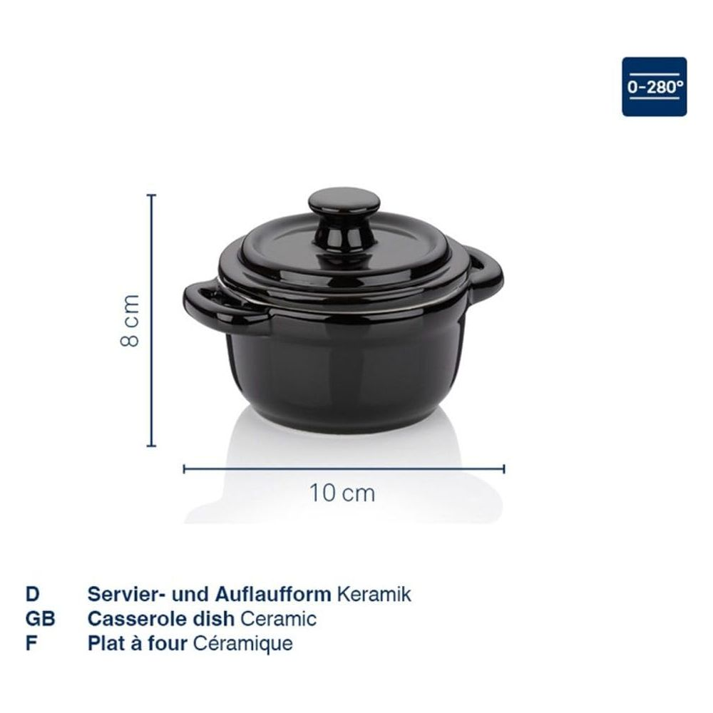 Schwarze Keramik-Auflaufform, 10cm breit, 8cm hoch, für 0-280°C.