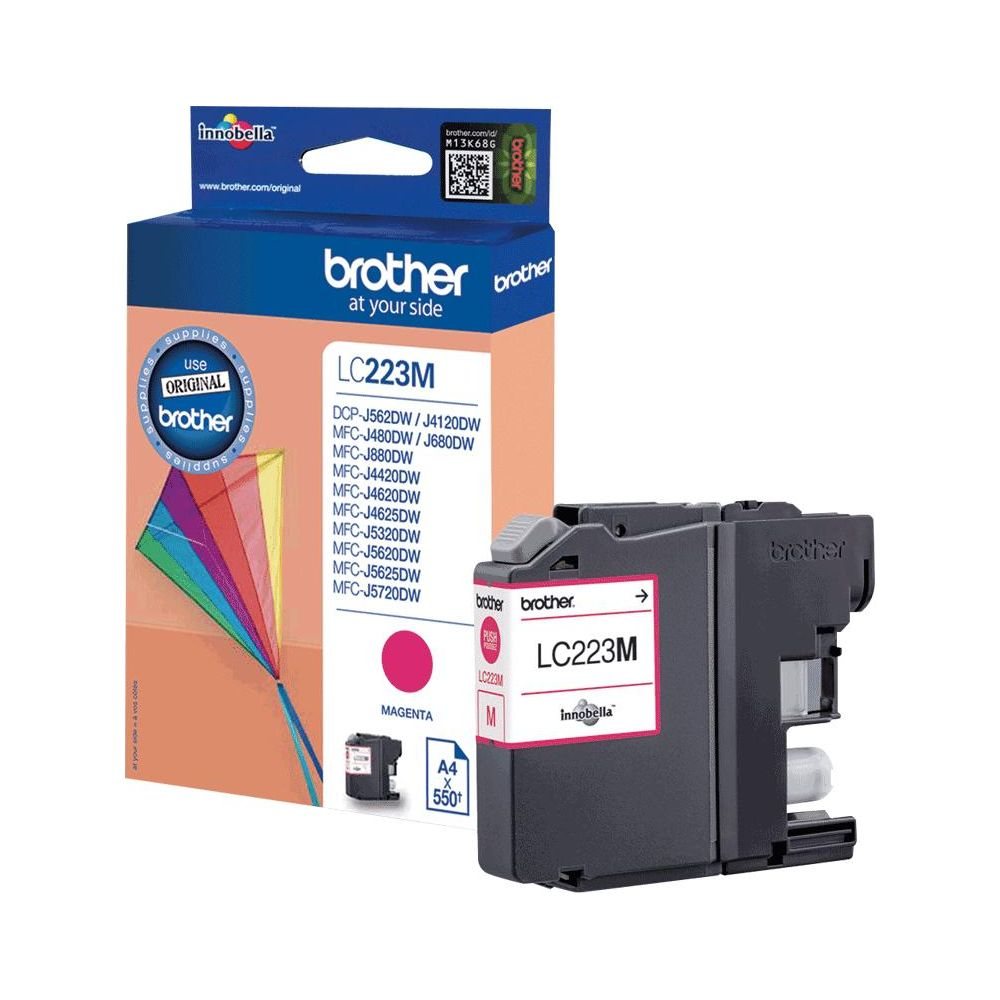 A magenta Brother LC223M ink cartridge with its packaging.