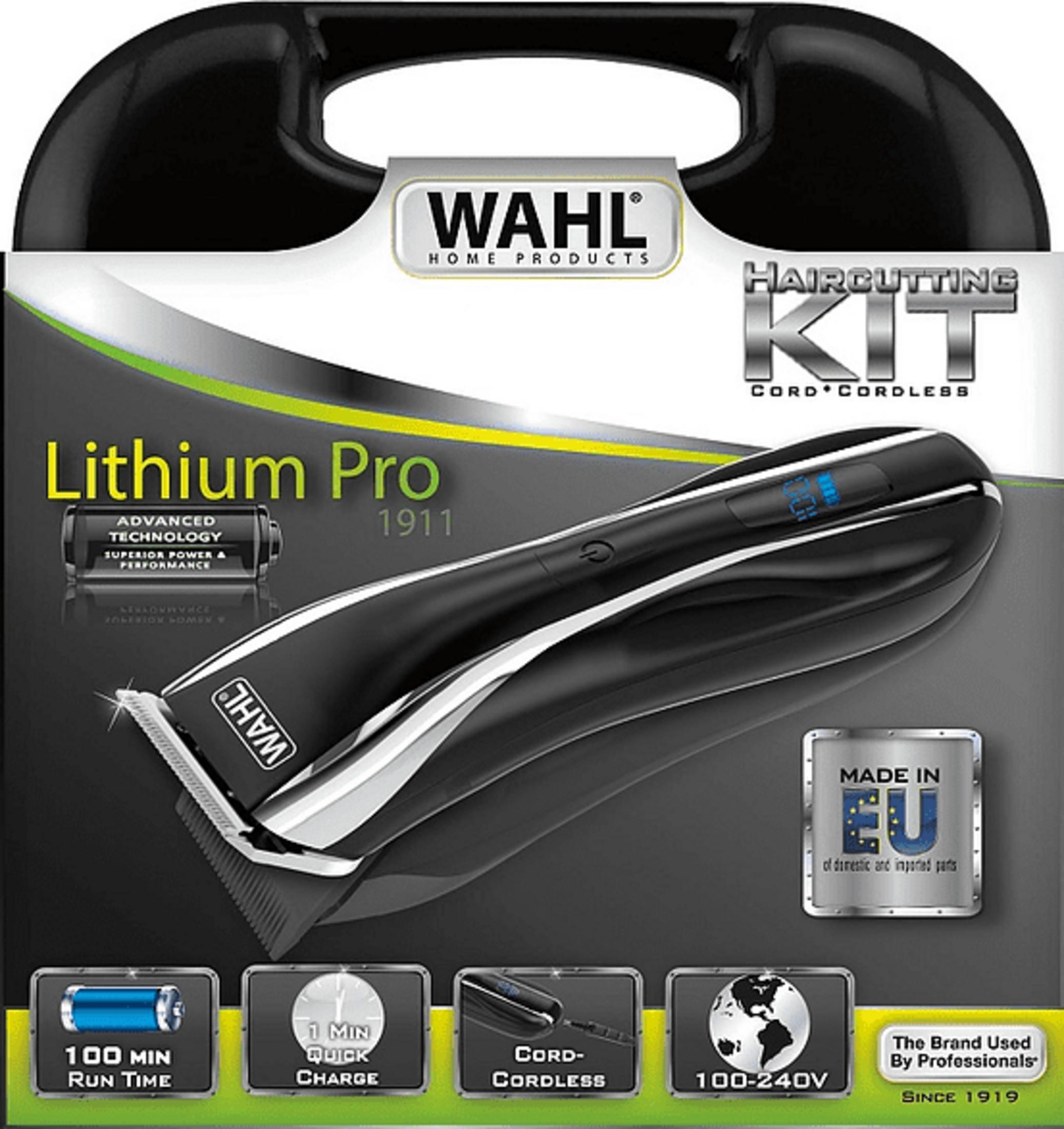 Un tagliacapelli Wahl Lithium Pro nero con indicatore batteria e accessori.