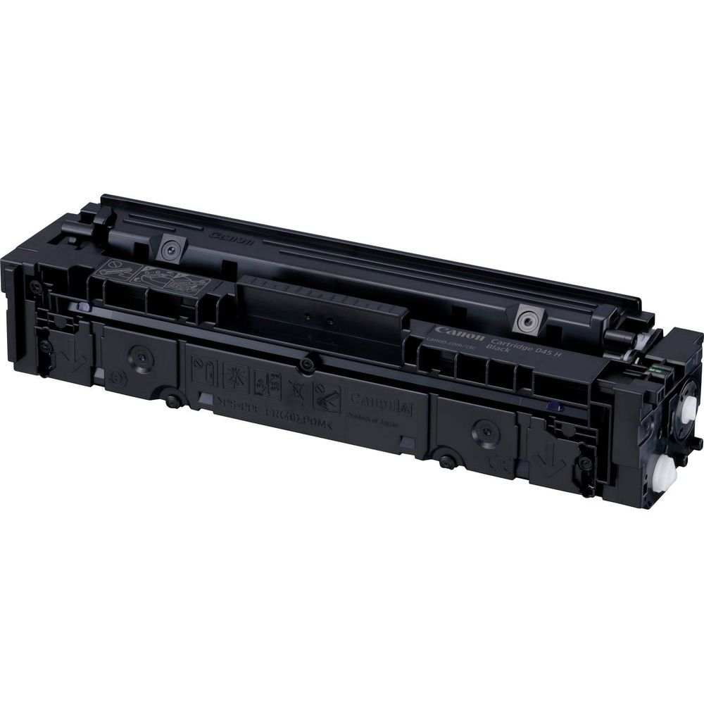 Zwarte Canon 045 H tonercartridge met plastic behuizing en labels.