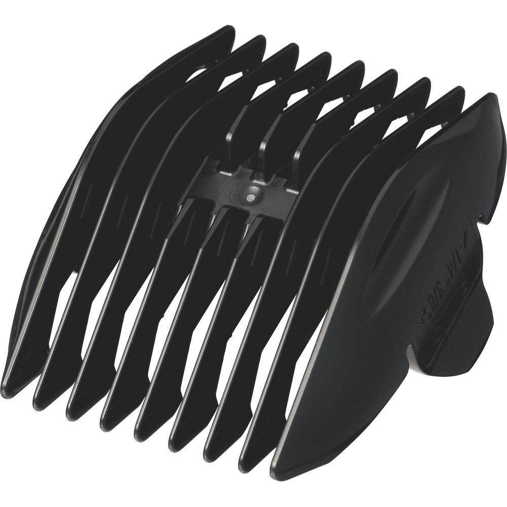 Un sabot de tondeuse à cheveux noir à plusieurs dents est montré sur fond blanc.