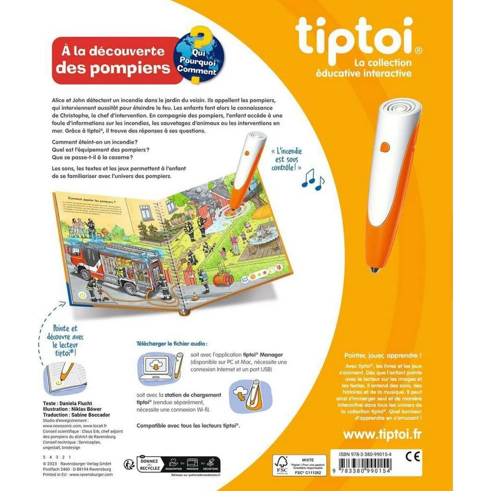 Un libro tiptoi sui pompieri, con una penna che dà vita a immagini e testi.