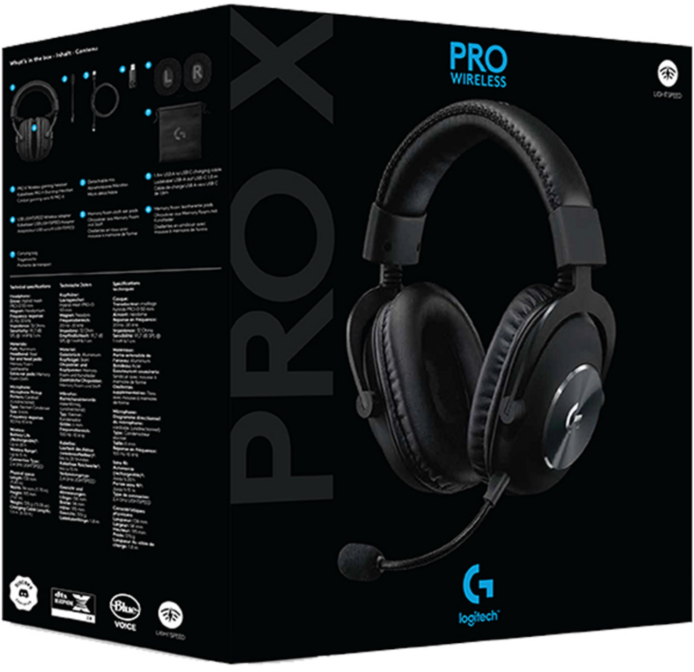 Black Logitech Pro X Wireless gaming headset on black box with product information.
