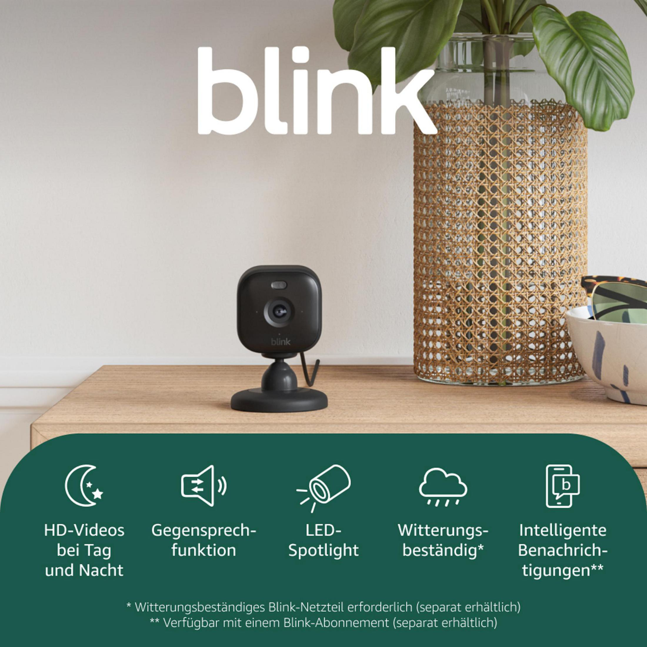 Kamera bezpieczeństwa Blink na stoliku nocnym z roślinami.