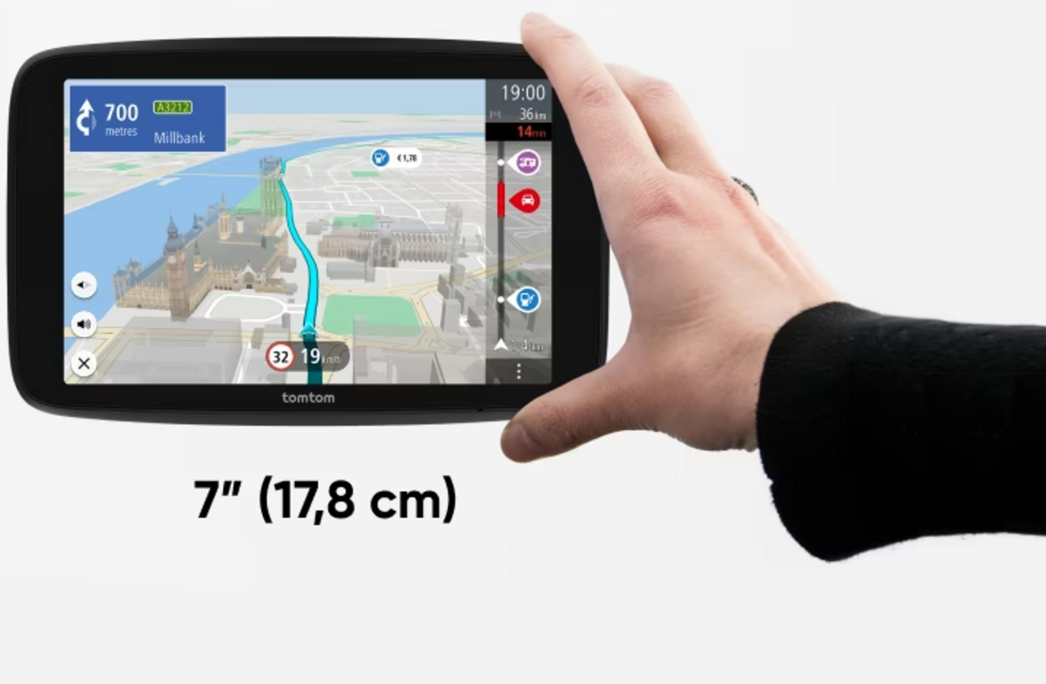 Palec dotyka ekranu nawigacji Tomtom z mapą Londynu.