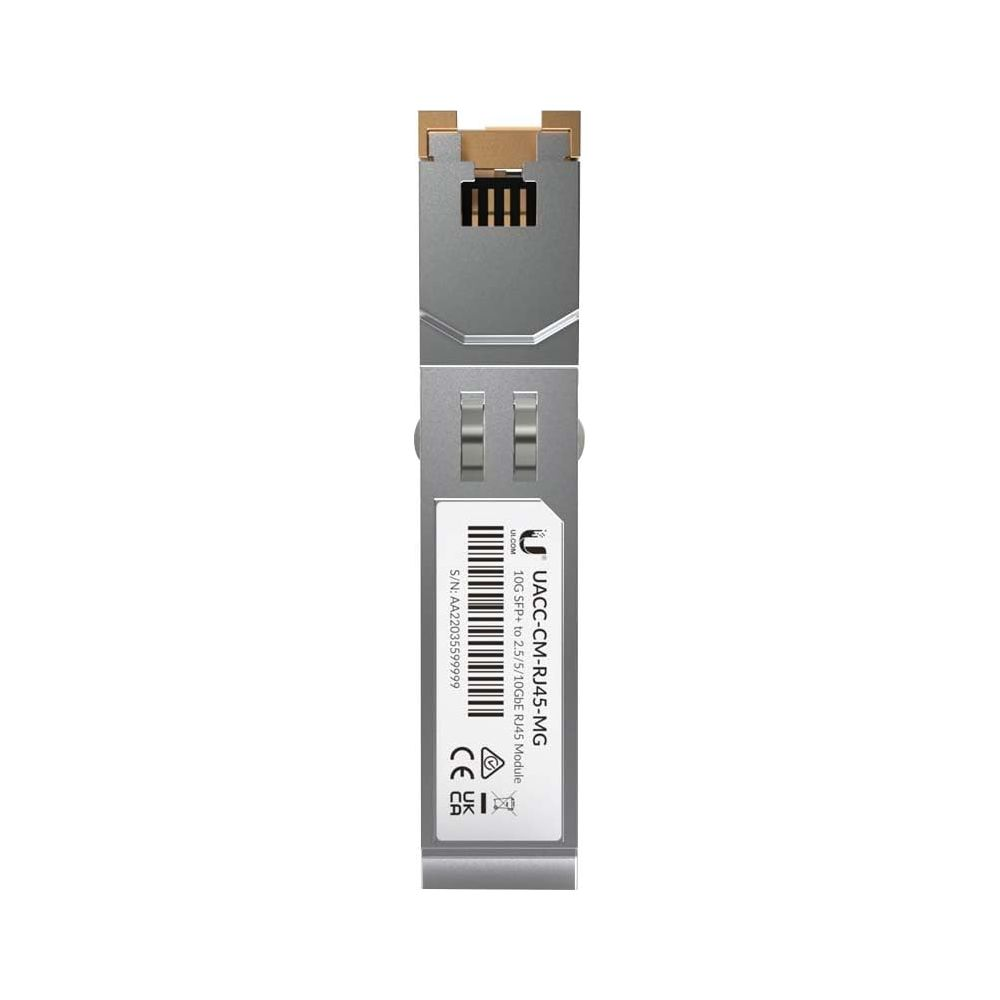Un módulo SFP+ plateado de 10G con conector RJ45 y etiqueta.