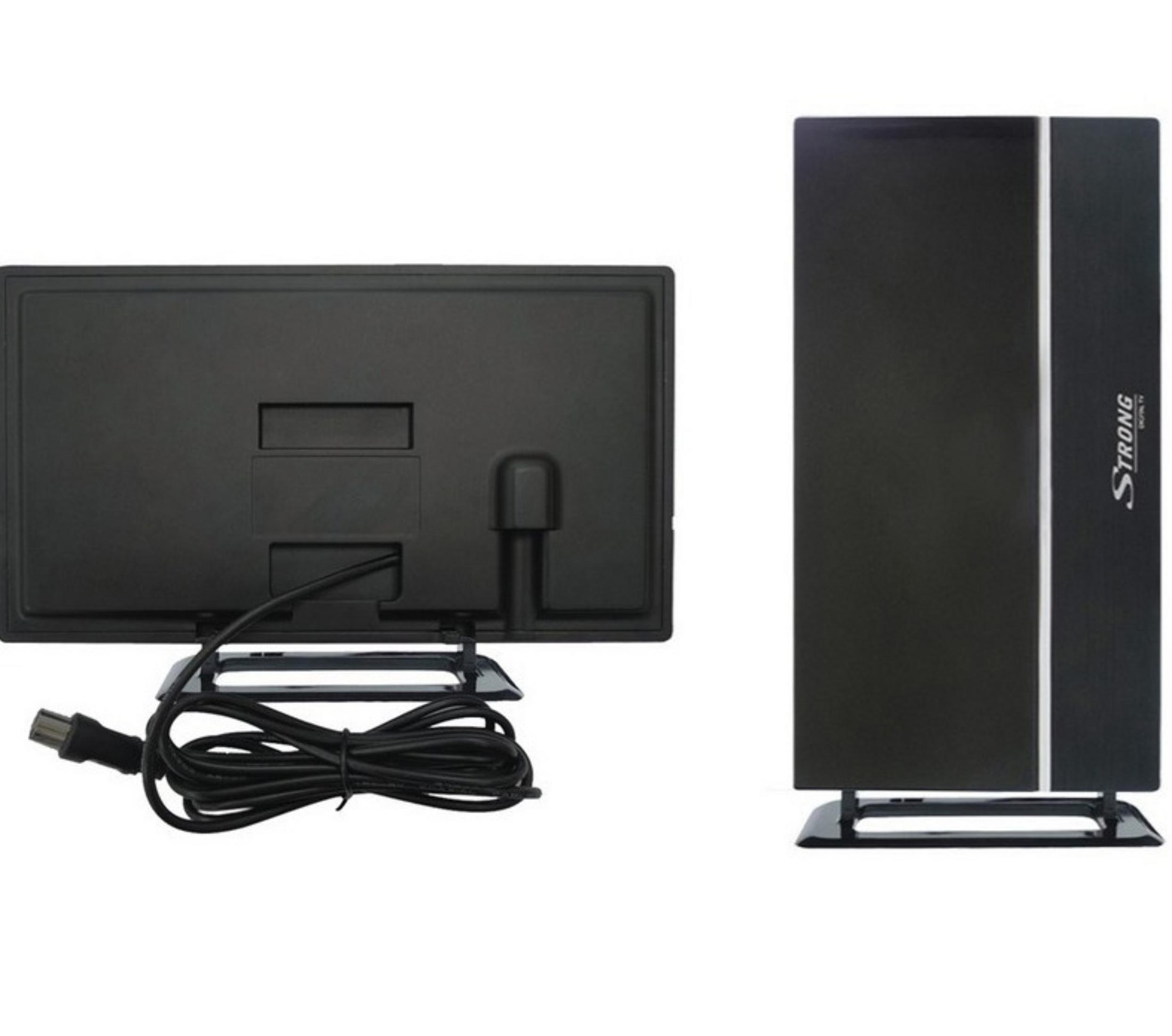 Ein schwarzer Fernseher und eine schwarze Antenne auf weißem Hintergrund.
