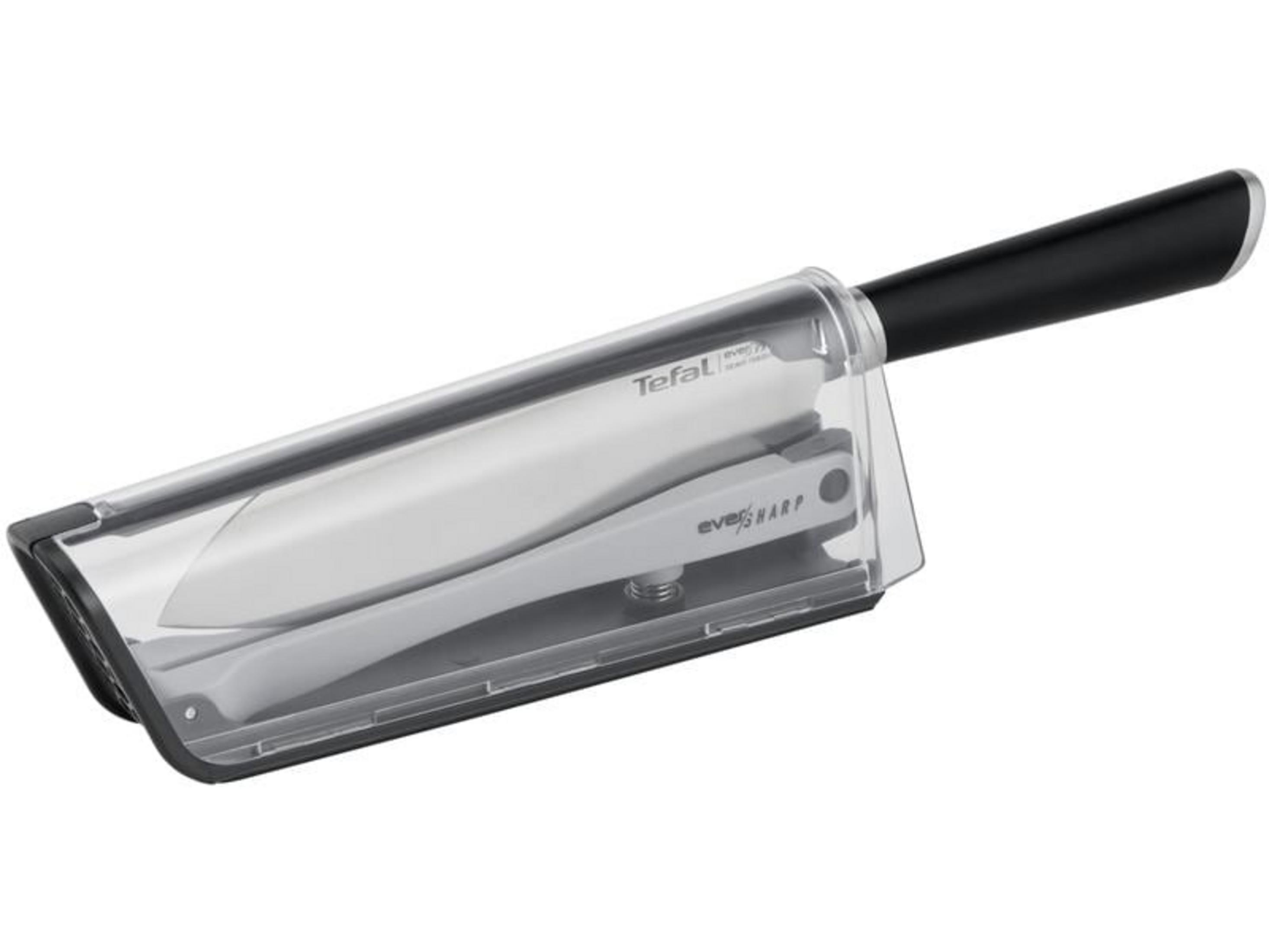 Nóż Tefal z czarną rączką w przezroczystej osłonie ochronnej.