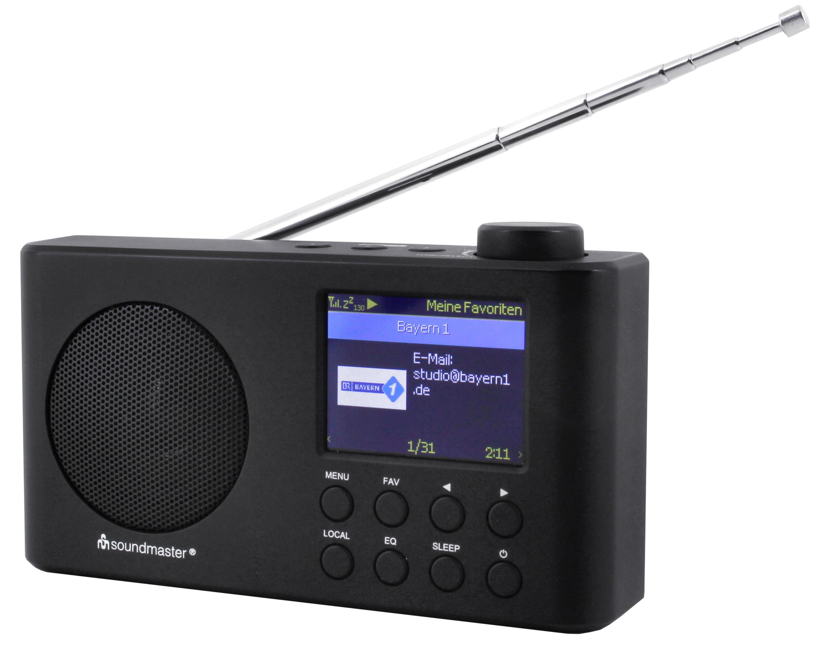 Schwarzer DAB+ Radio von Soundmaster mit ausgefahrenem Antenne und Display.