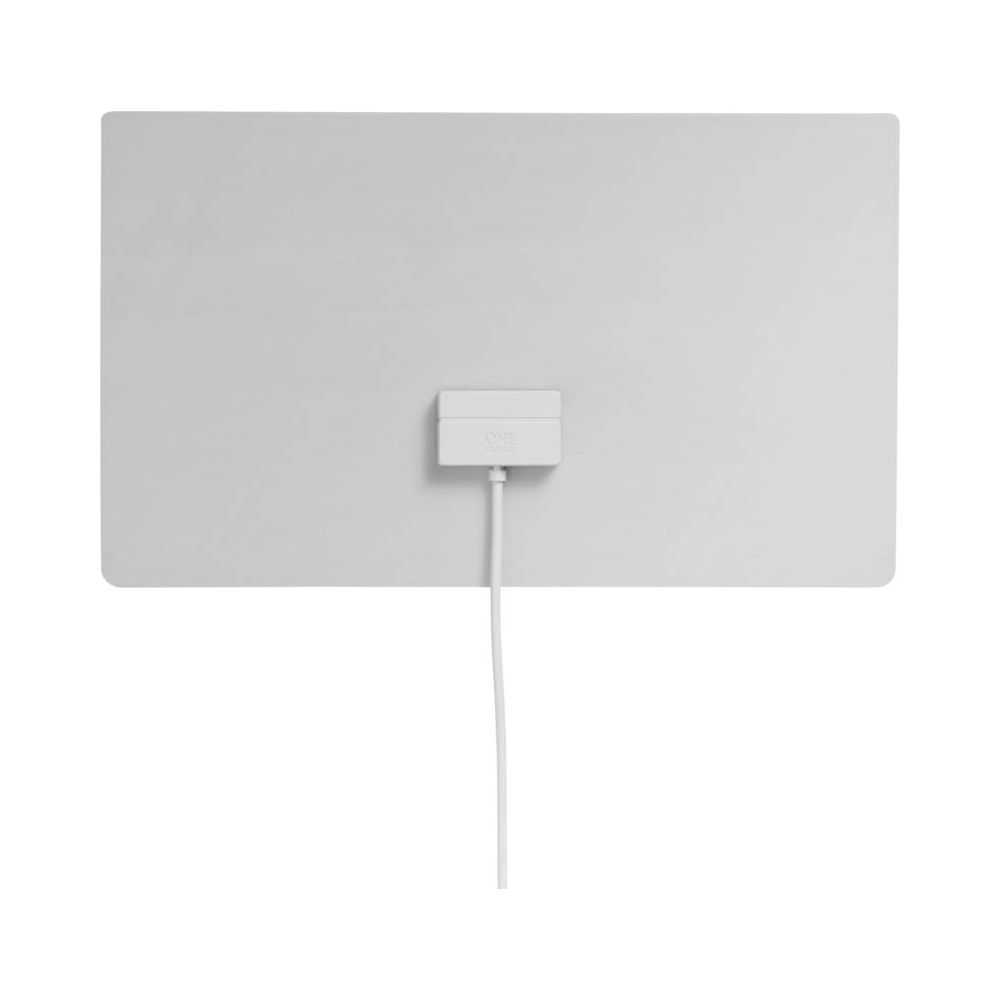 Płaski, biały odbiornik antenowy z białym kablem wychodzącym w dół.