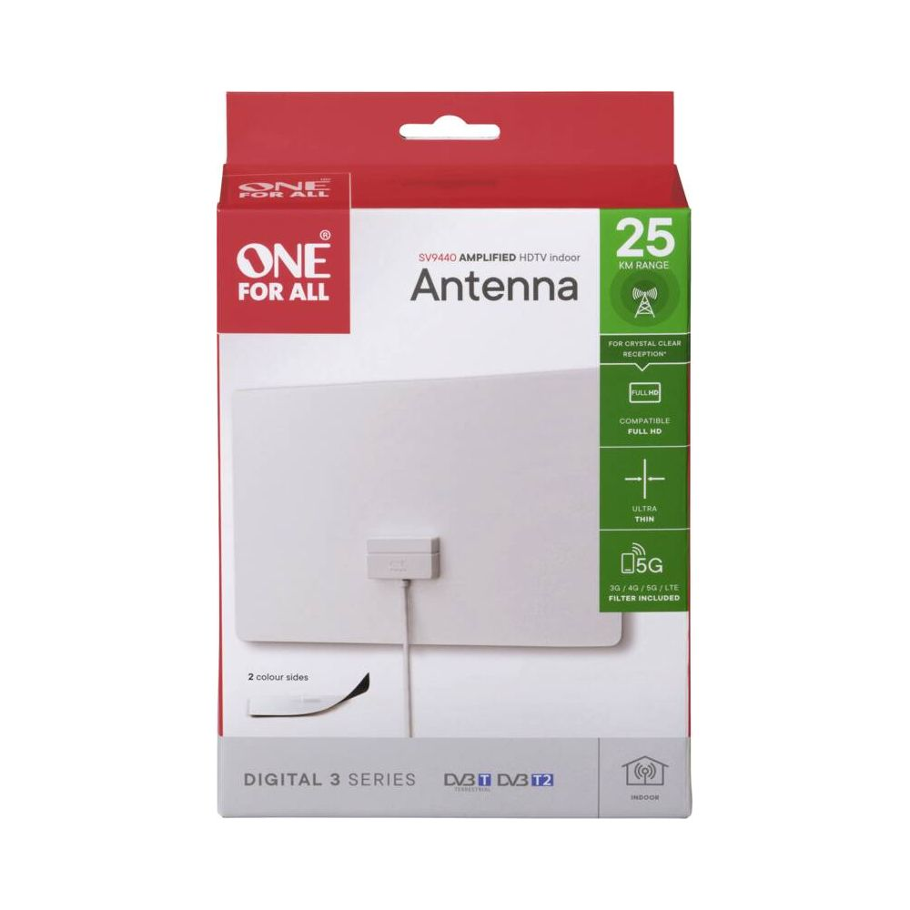 Opakowanie anteny pokojowej ONE FOR ALL HDTV, zasięg 25 km, Full HD, filtr 5G.