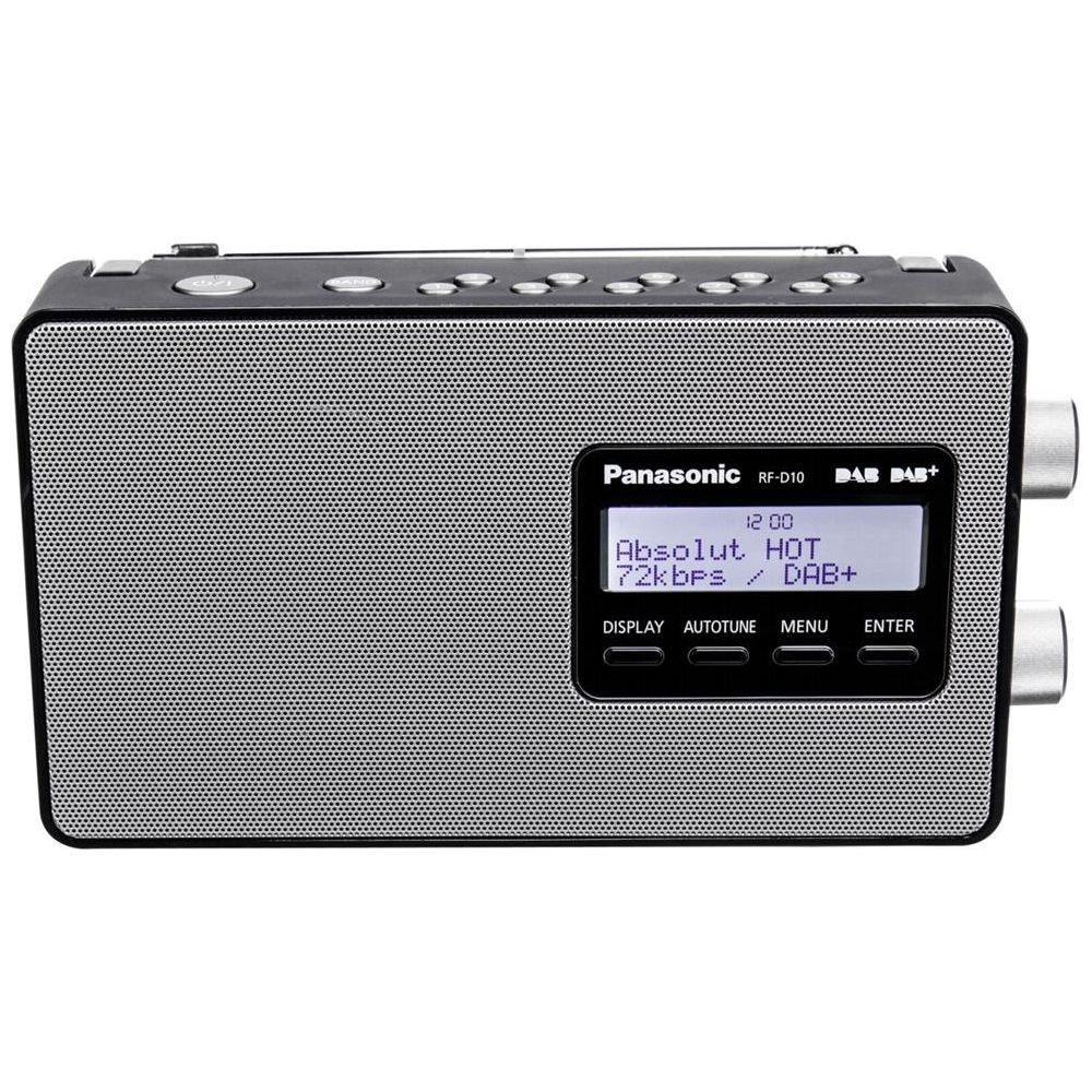 Czarno-srebrne radio Panasonic DAB+ z wyświetlaczem.