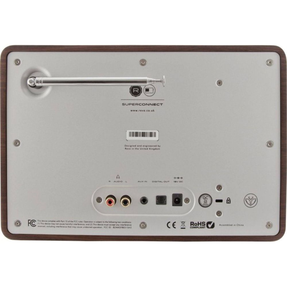 Die Rückseite eines Revo SUPERCONNECT Radios mit ausgefahrenem Antennenstab.