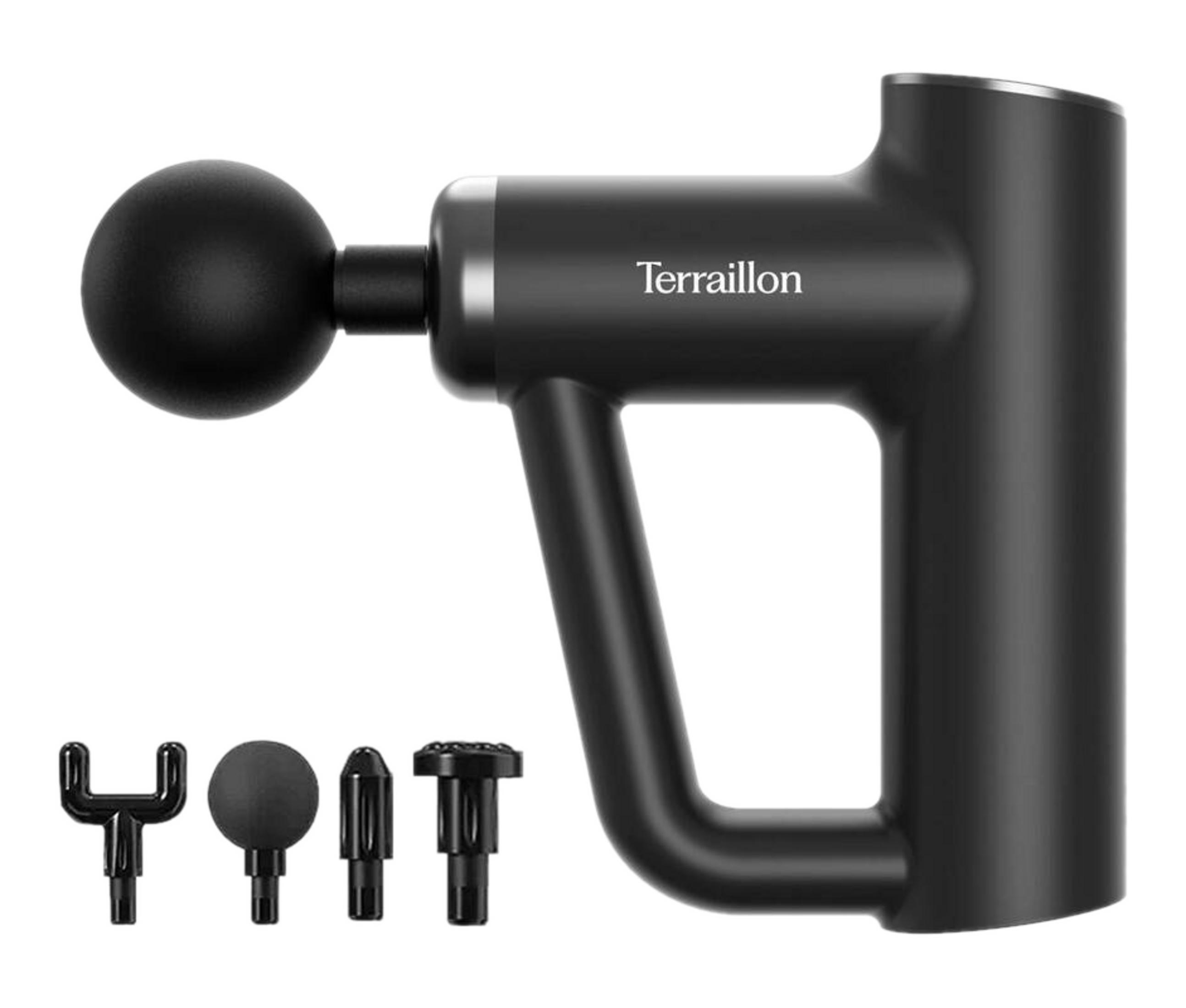 Pistola massaggiante nera con diversi accessori su sfondo bianco.