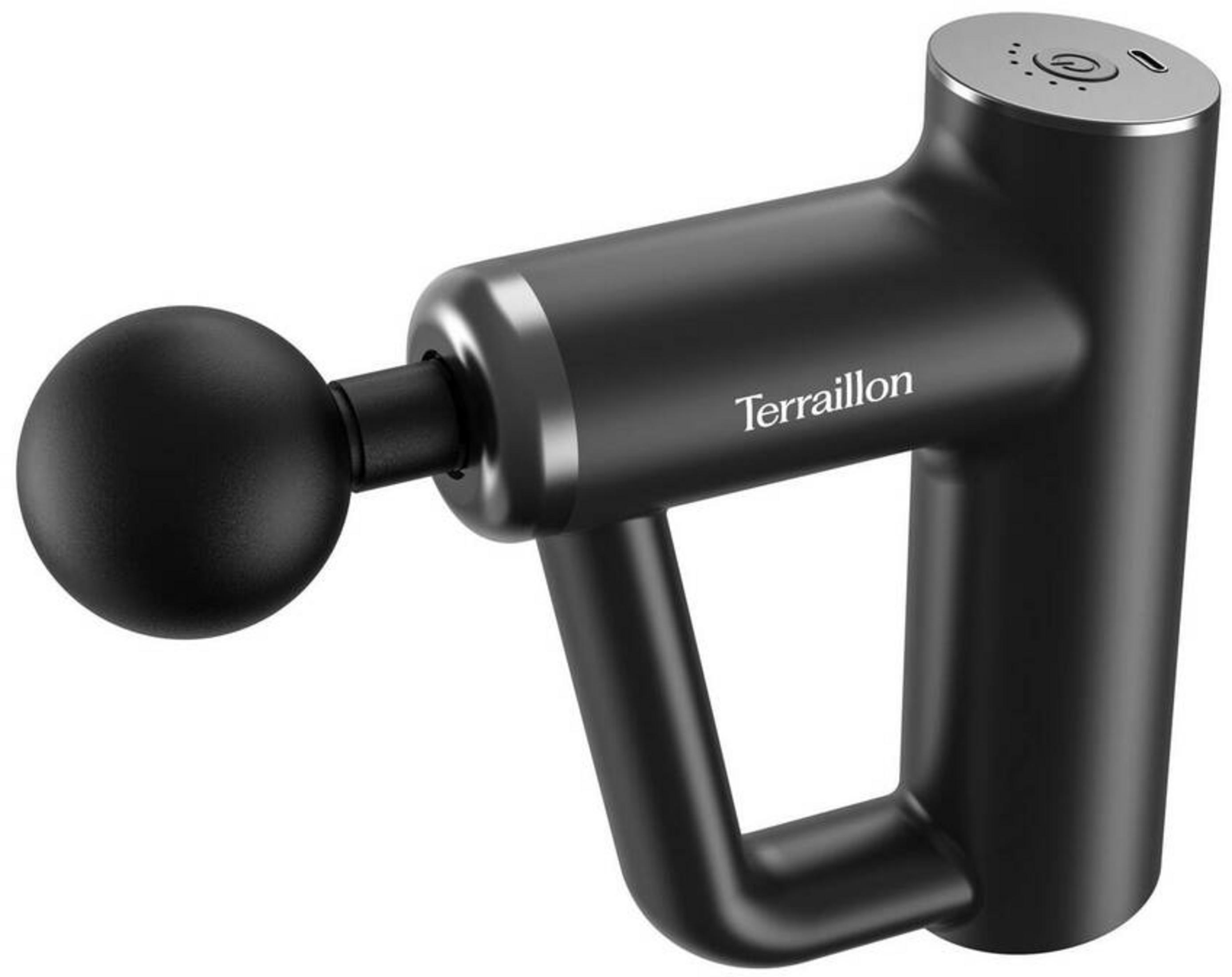 Pistola massaggiante nera con testina rotonda e scritta "Terraillon".